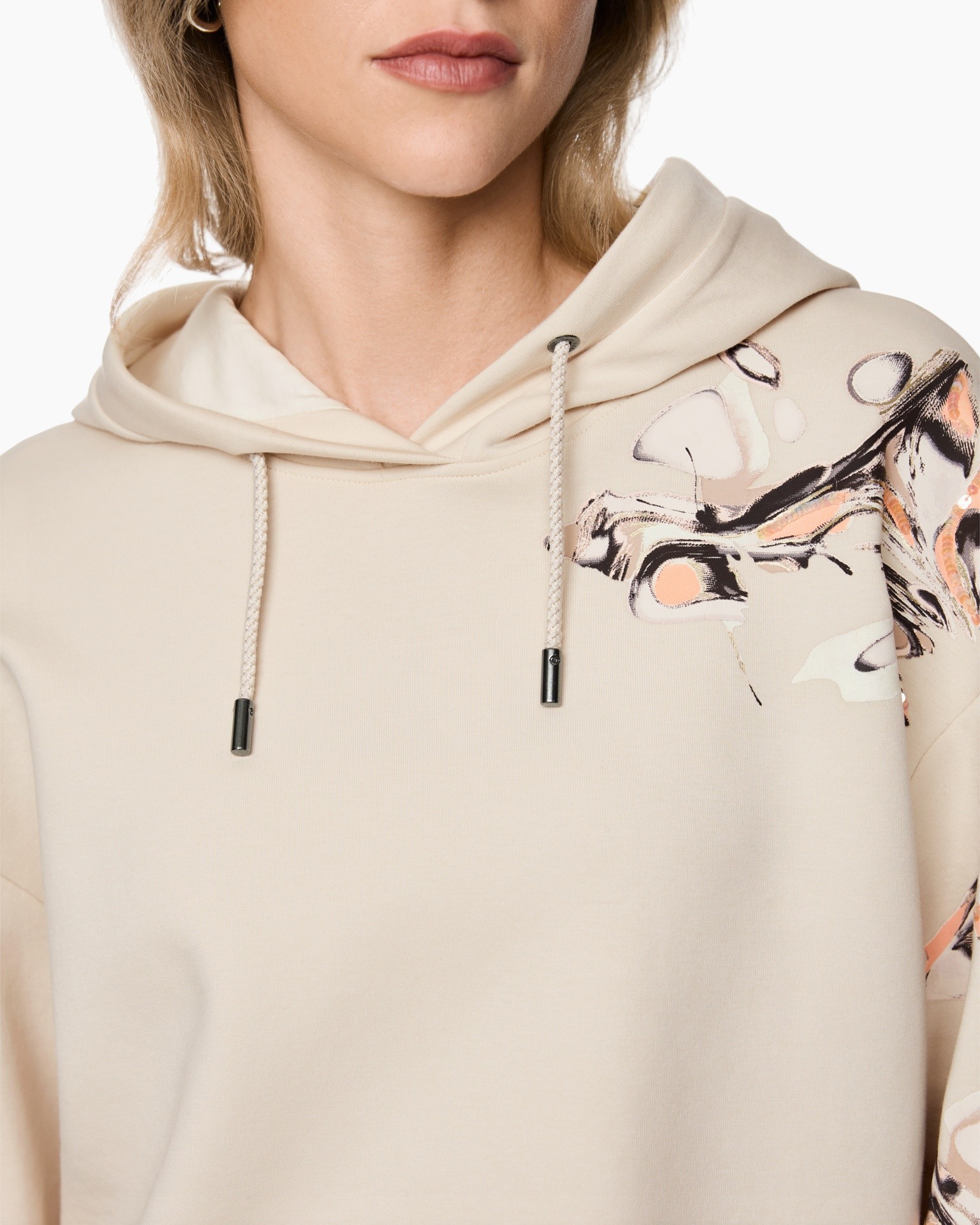 hoodie, beige, drawstring, print, soft