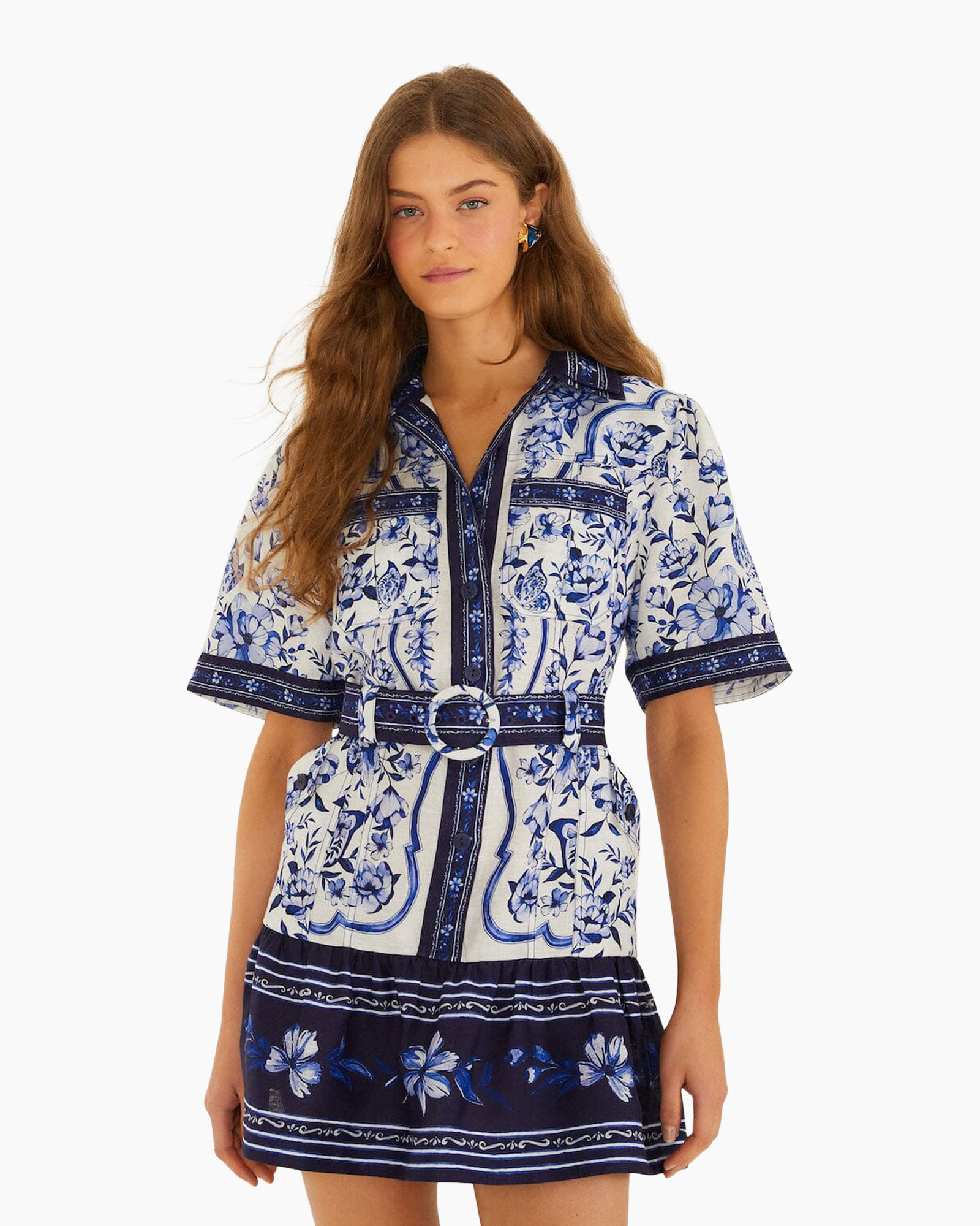 dress, short sleeve, belted, floral print, blue and white