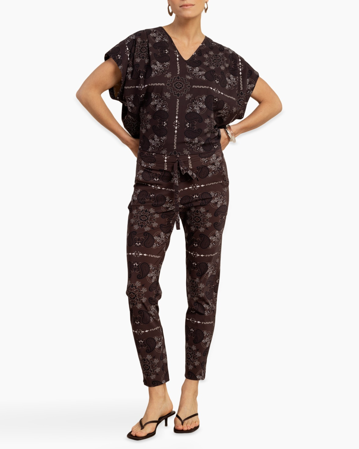 jumpsuit, bandana print, short sleeves, brown, ankle length