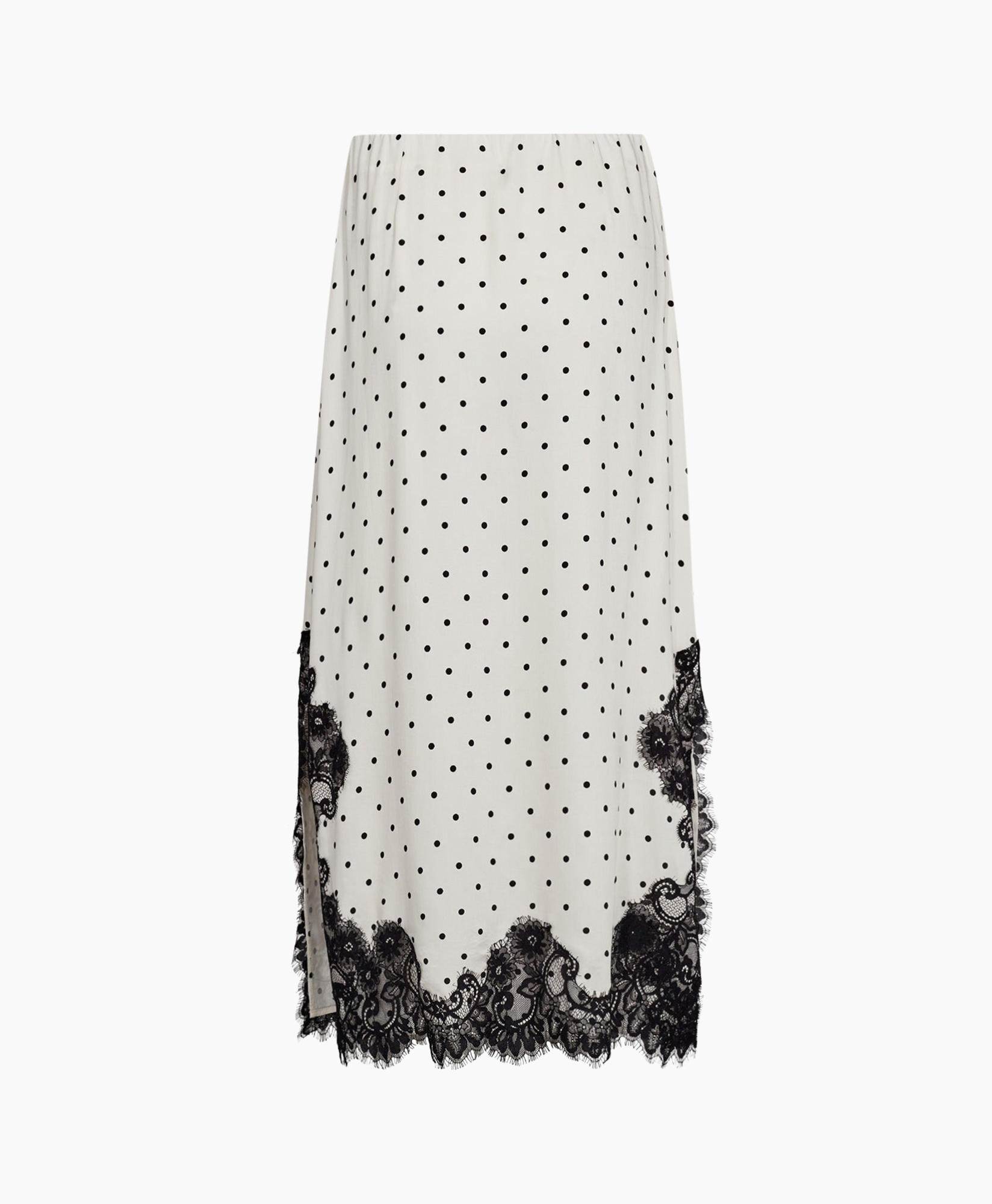 polka dot, mid-length, white, lace trim, skirt