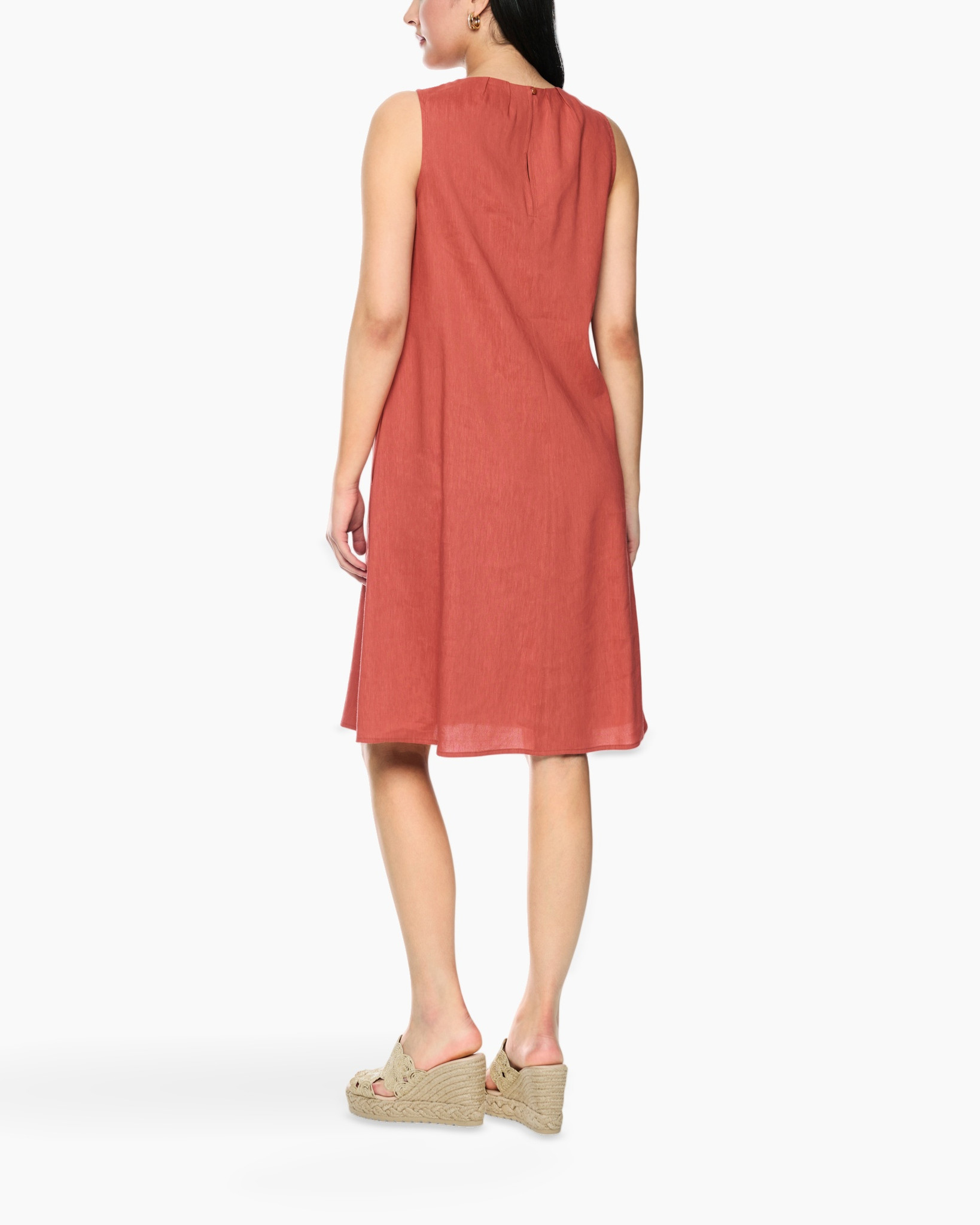 sundress, linen, rust, mid-length, platform sandals
