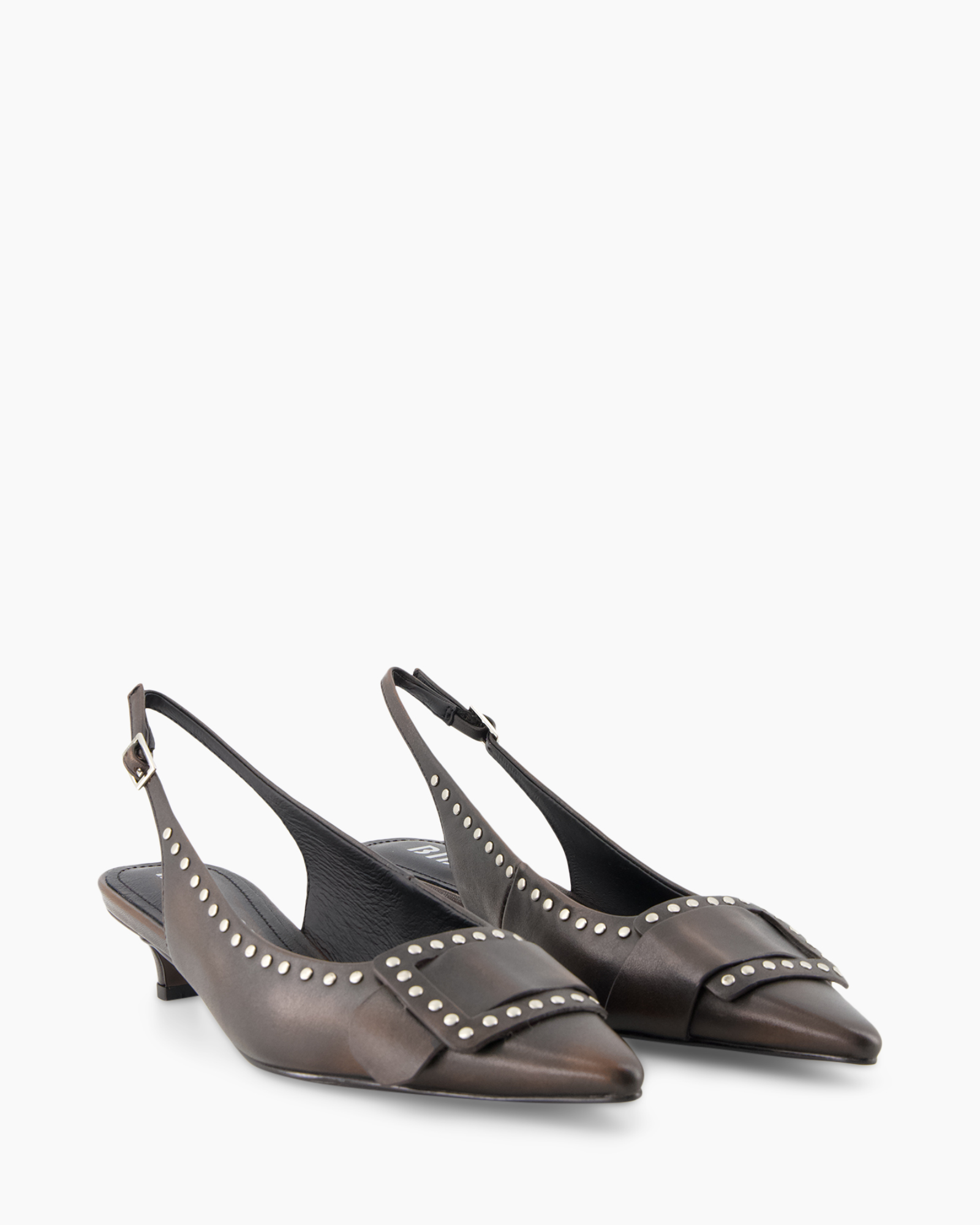 slingback, peep-toe, pump, studded, brown leather