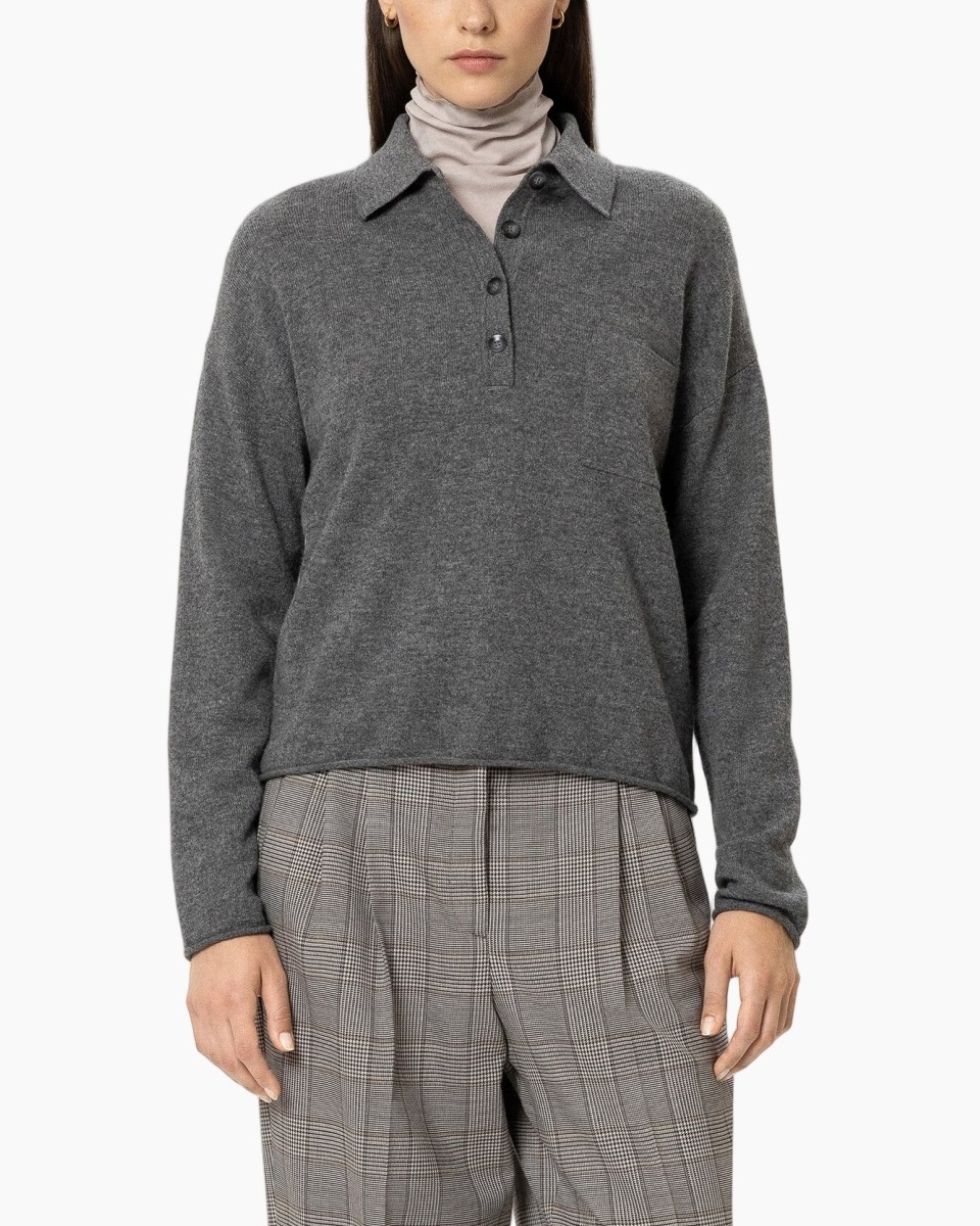 polo shirt, long sleeves, gray, knit polo, collared top