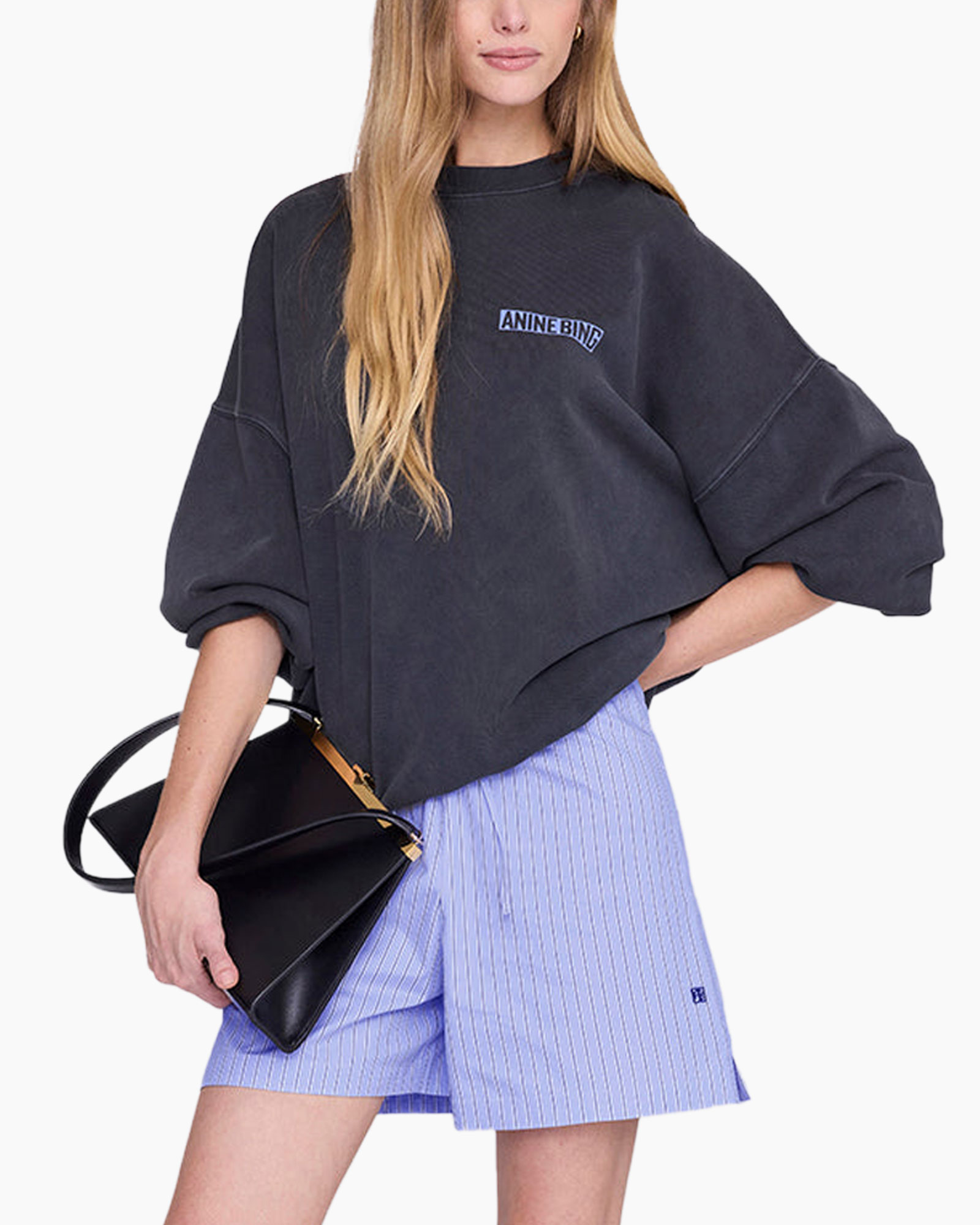 oversized sweatshirt, long sleeve, dark gray, logo patch, assorted shorts