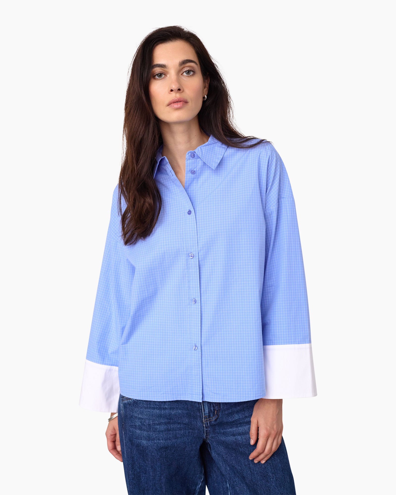 button-down, long sleeve, blue shirt, collared shirt, contrast cuff