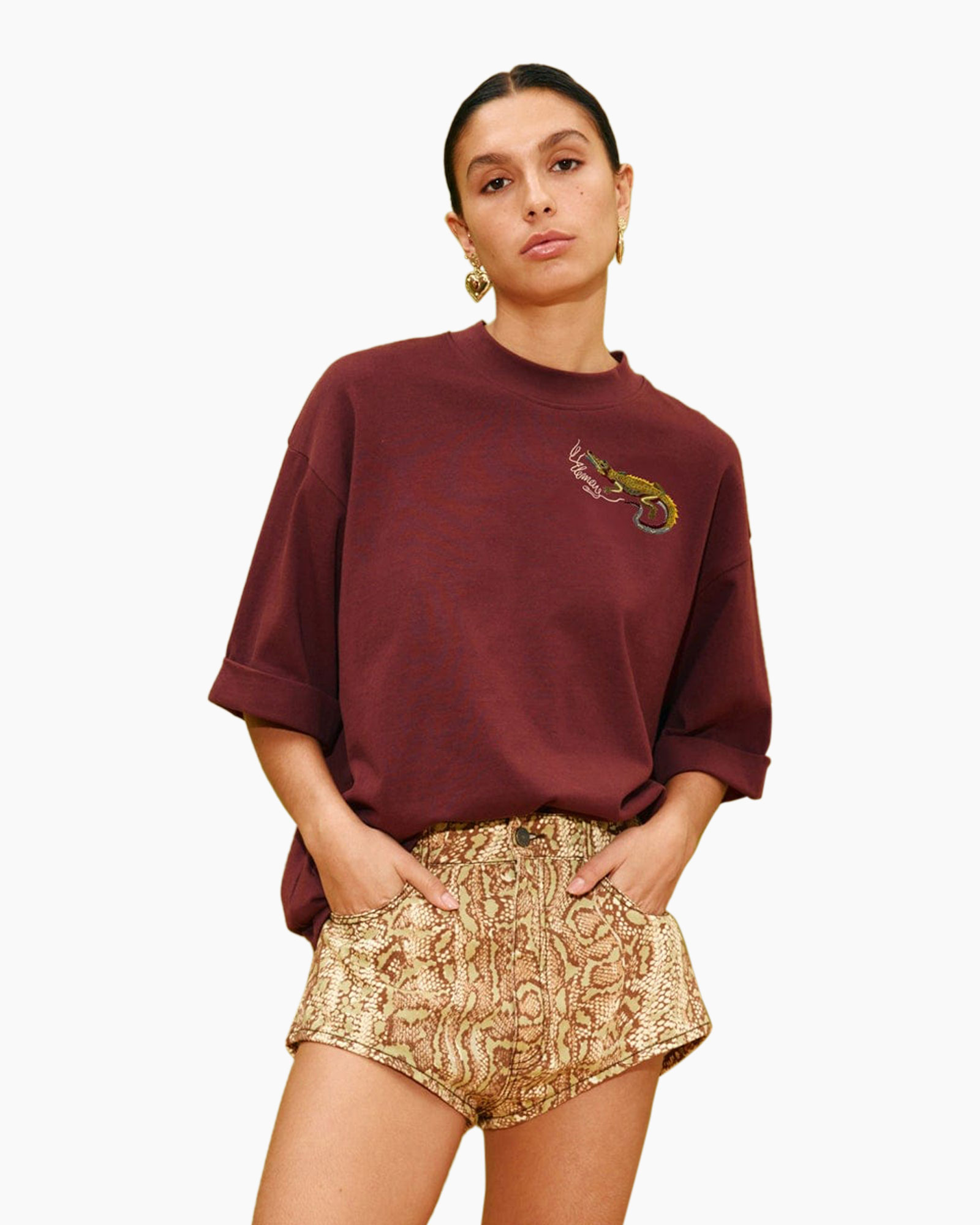 sweatshirt, short sleeves, maroon, round neck, embroidery