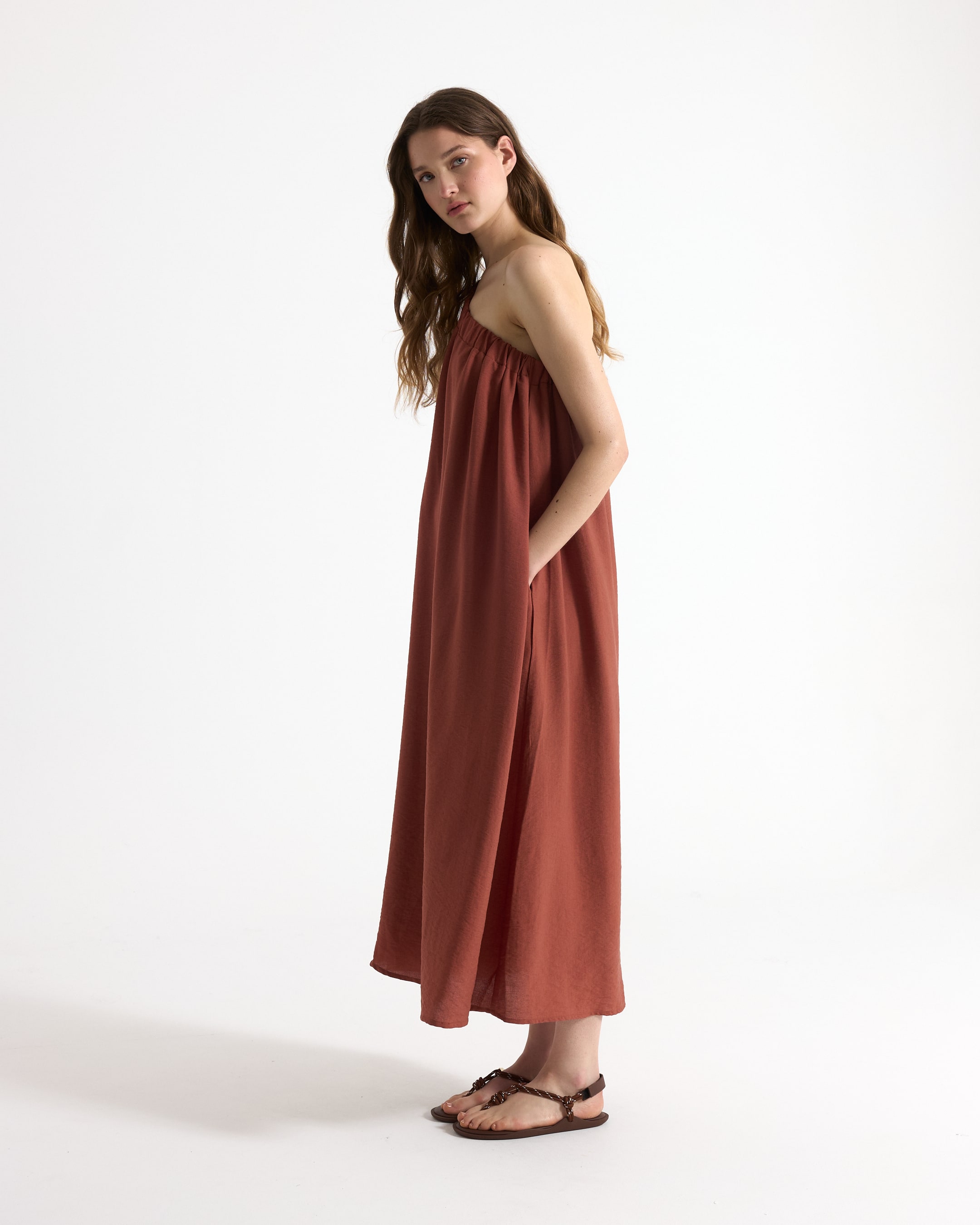 dress, sundress, maxi dress, rust color, strapless