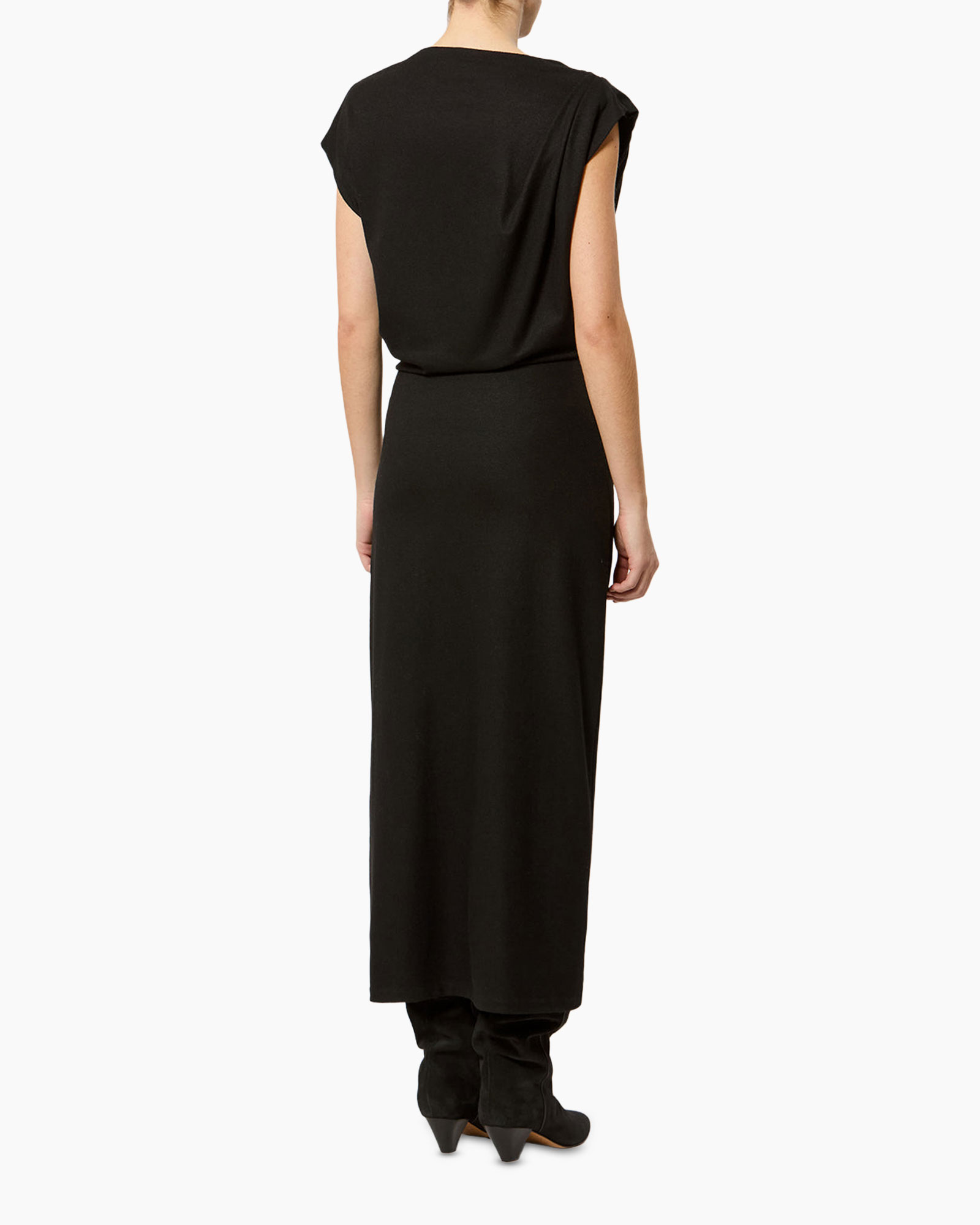 black dress, ankle length, sleeveless, one-shoulder, slip-on boots
