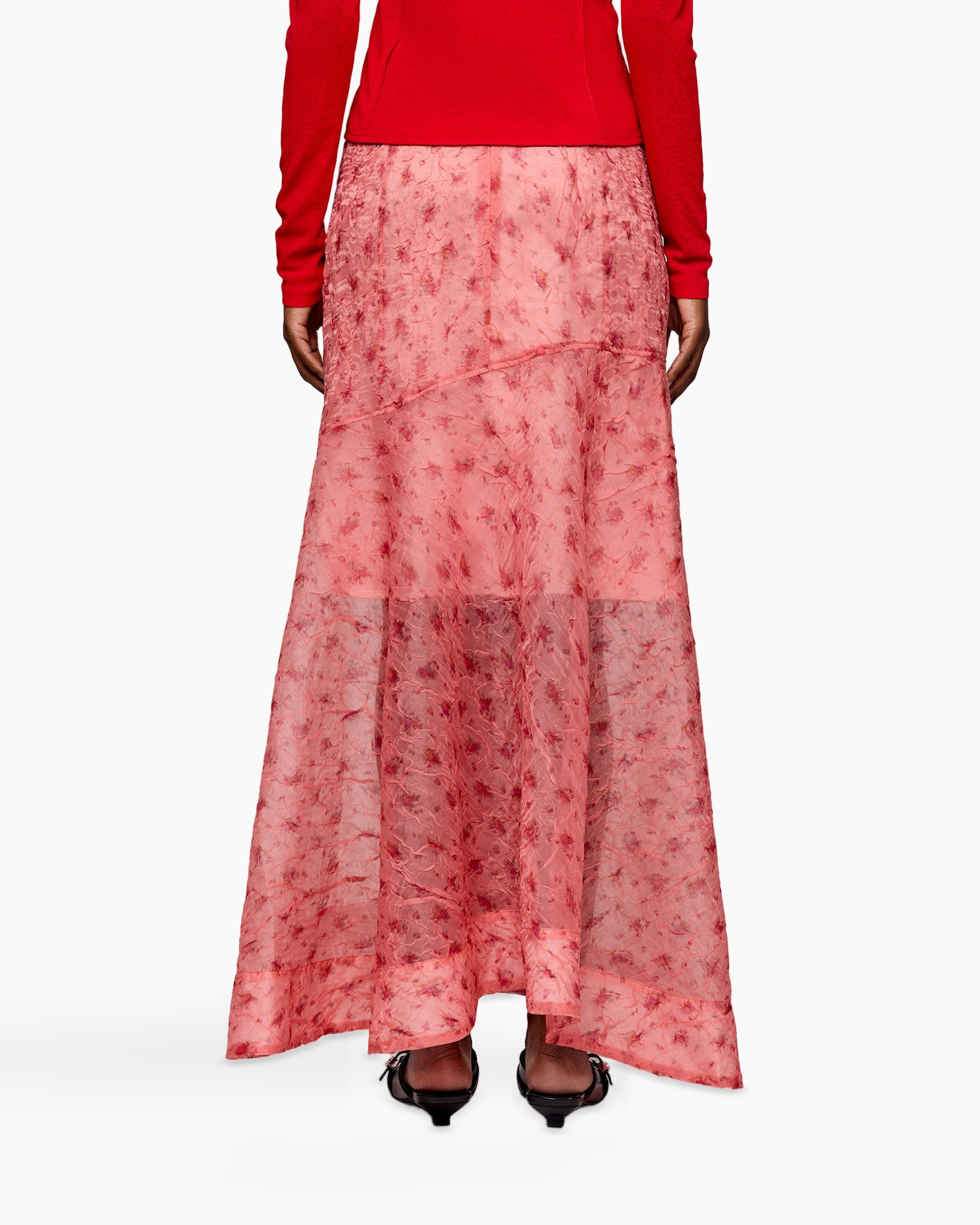 maxi skirt, lace, pink, ankle length, slip-on shoes