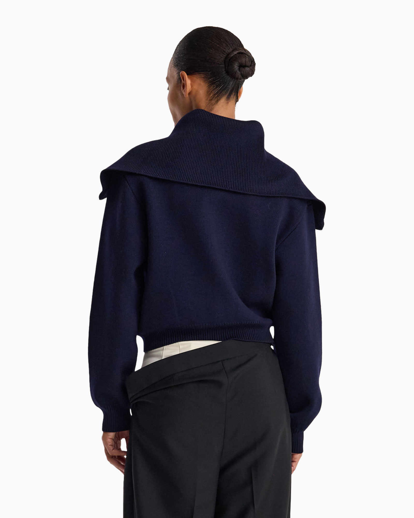 knit sweater, zipper, navy, collar cape, long sleeves