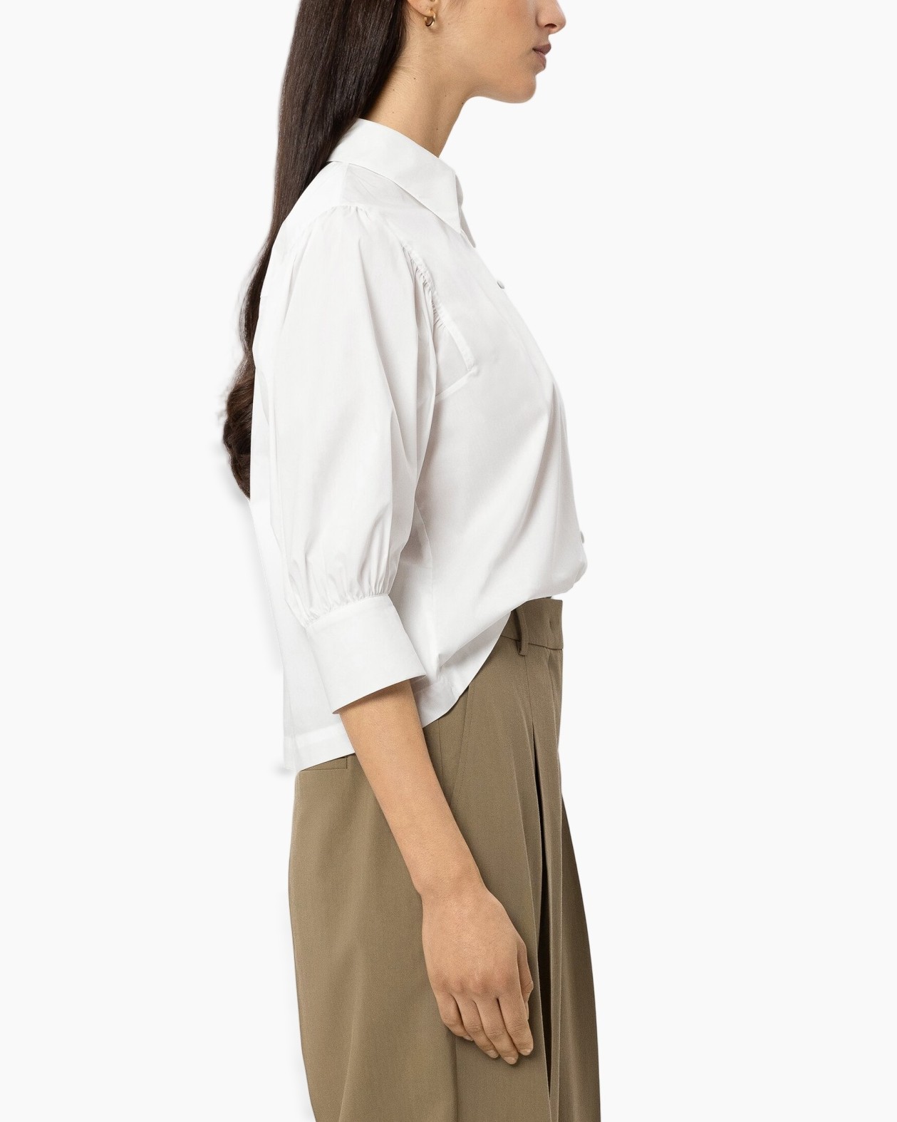 white shirt, collared shirt, three-quarter sleeve, button-down, women