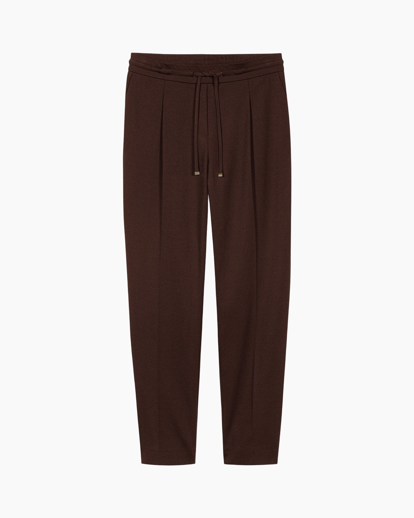 pants, drawstring, brown, pleated, tapered