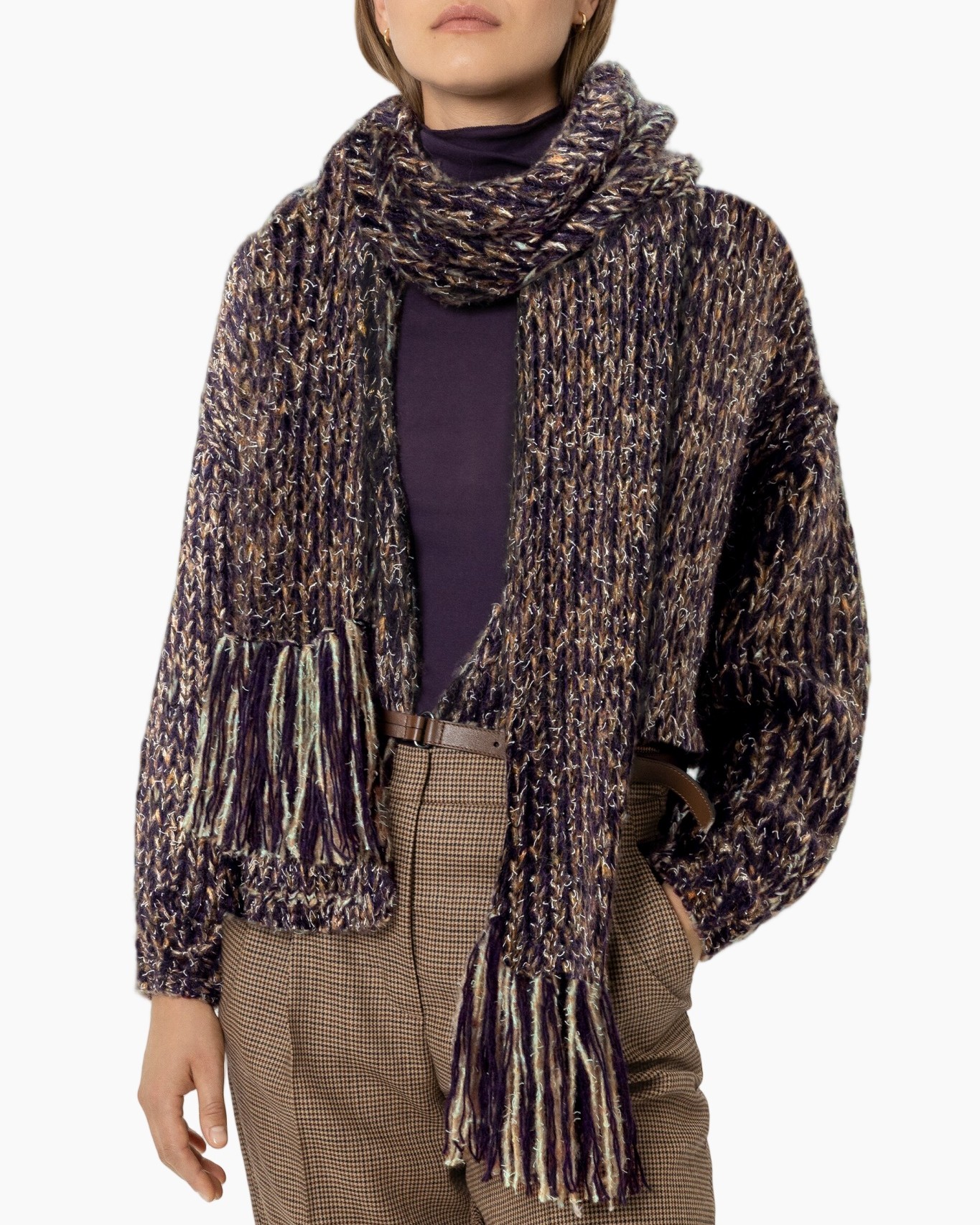 scarf, knitted,  fringed, multicolor pattern, weave