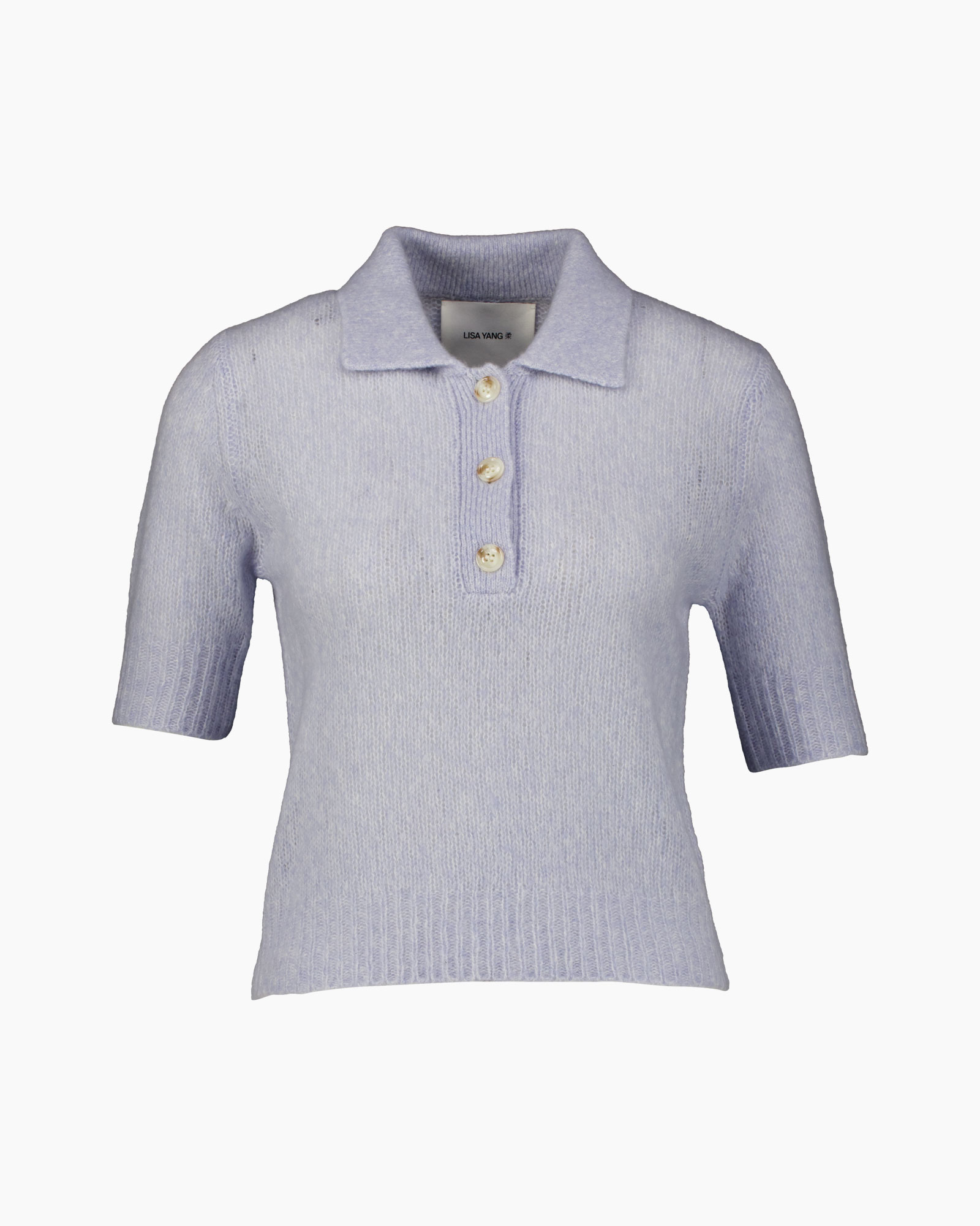 knit polo,  Short-sleeve, light purple, collar, buttons