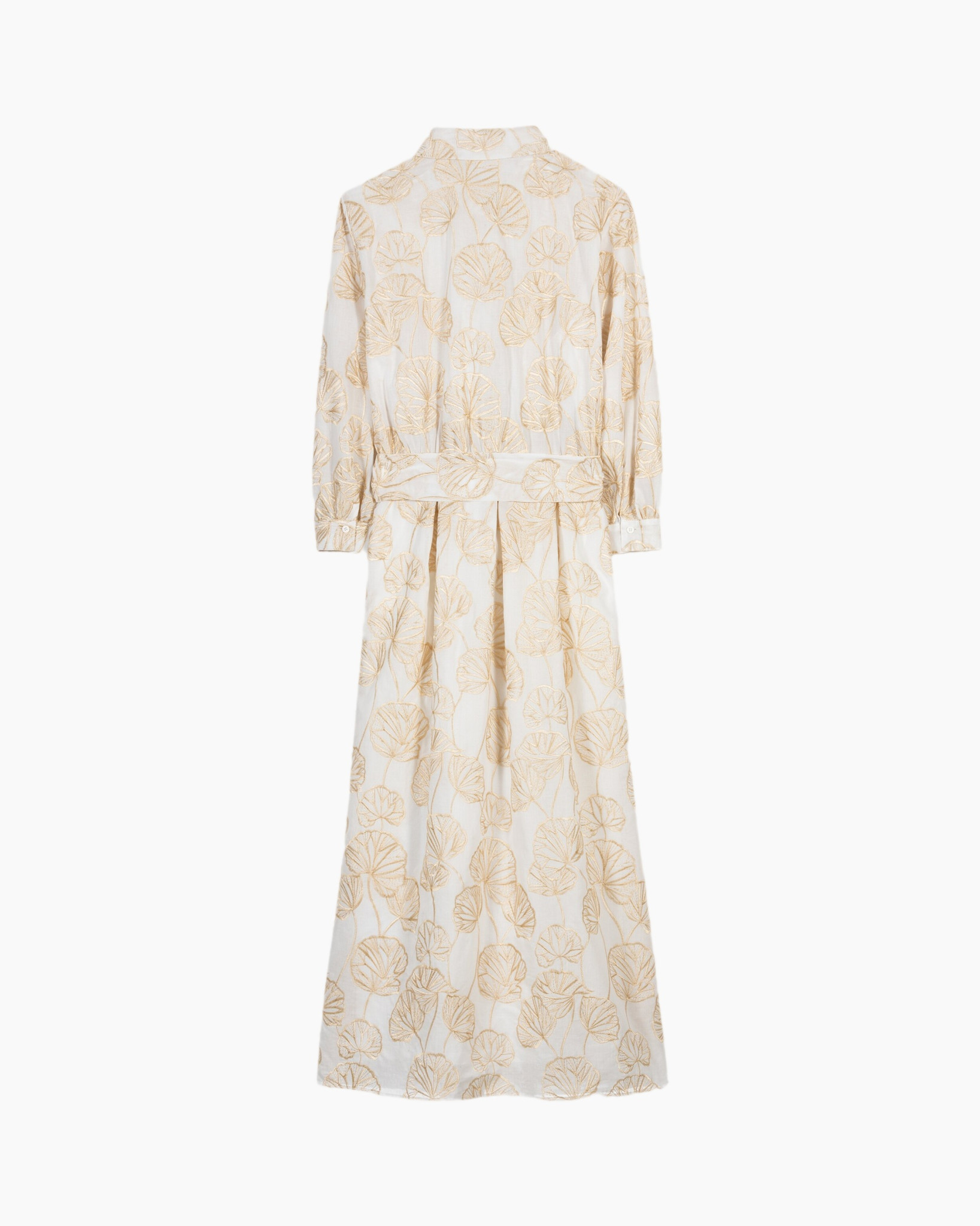 maxi dress, linen print, beige pattern, long sleeves, collared neckline