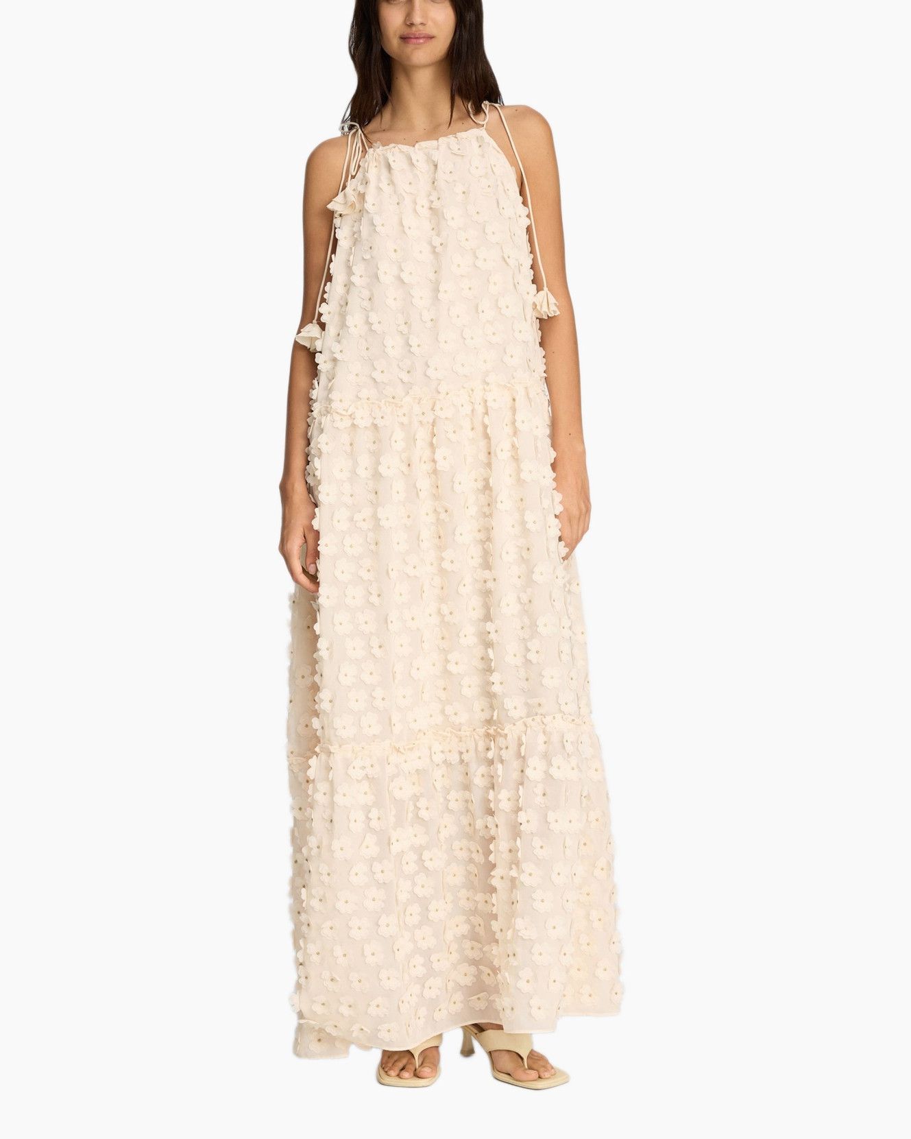 maxi dress, beige, embellished, floral texture, sleeveless