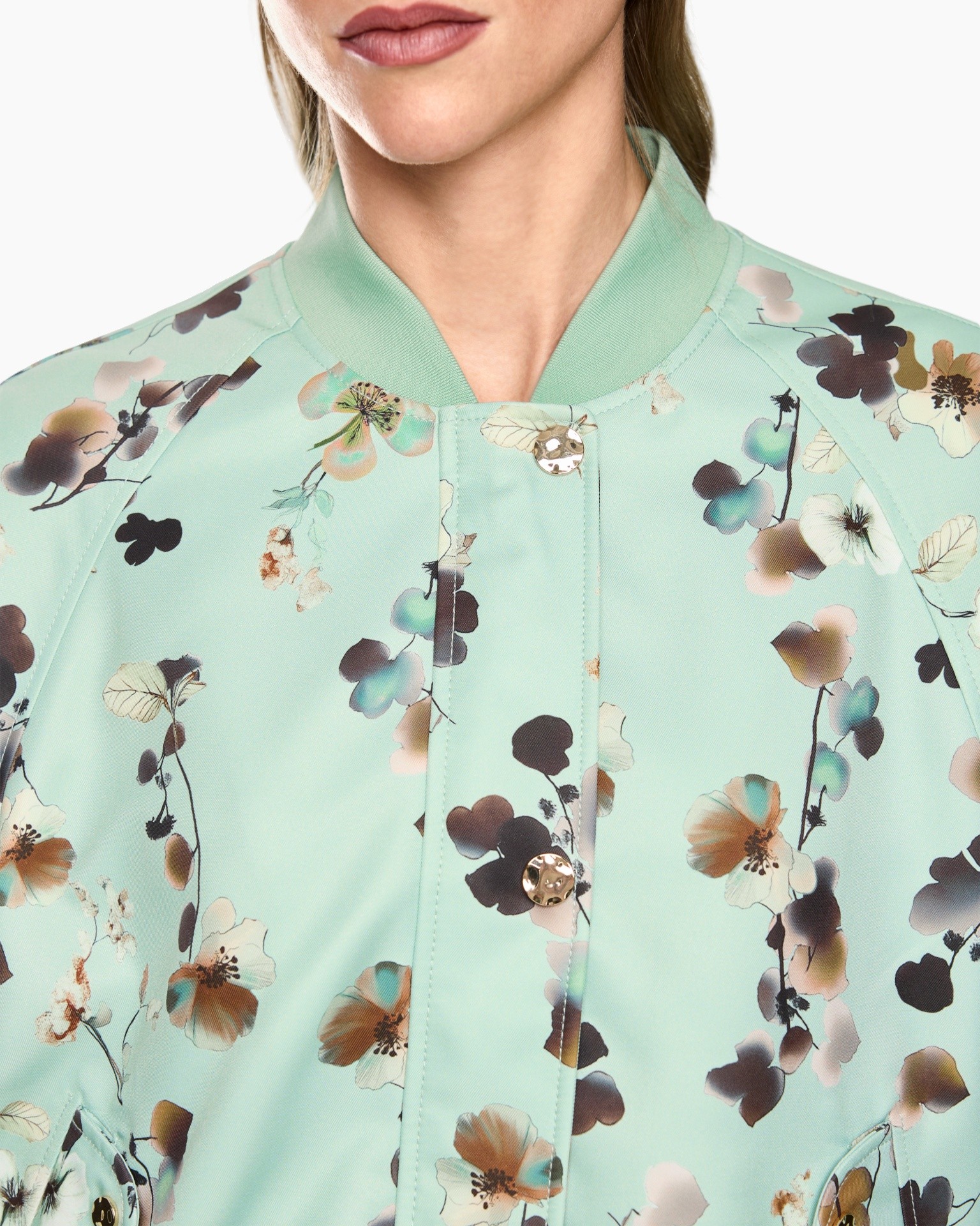 jacket, floral, mint, buttoned, collarless