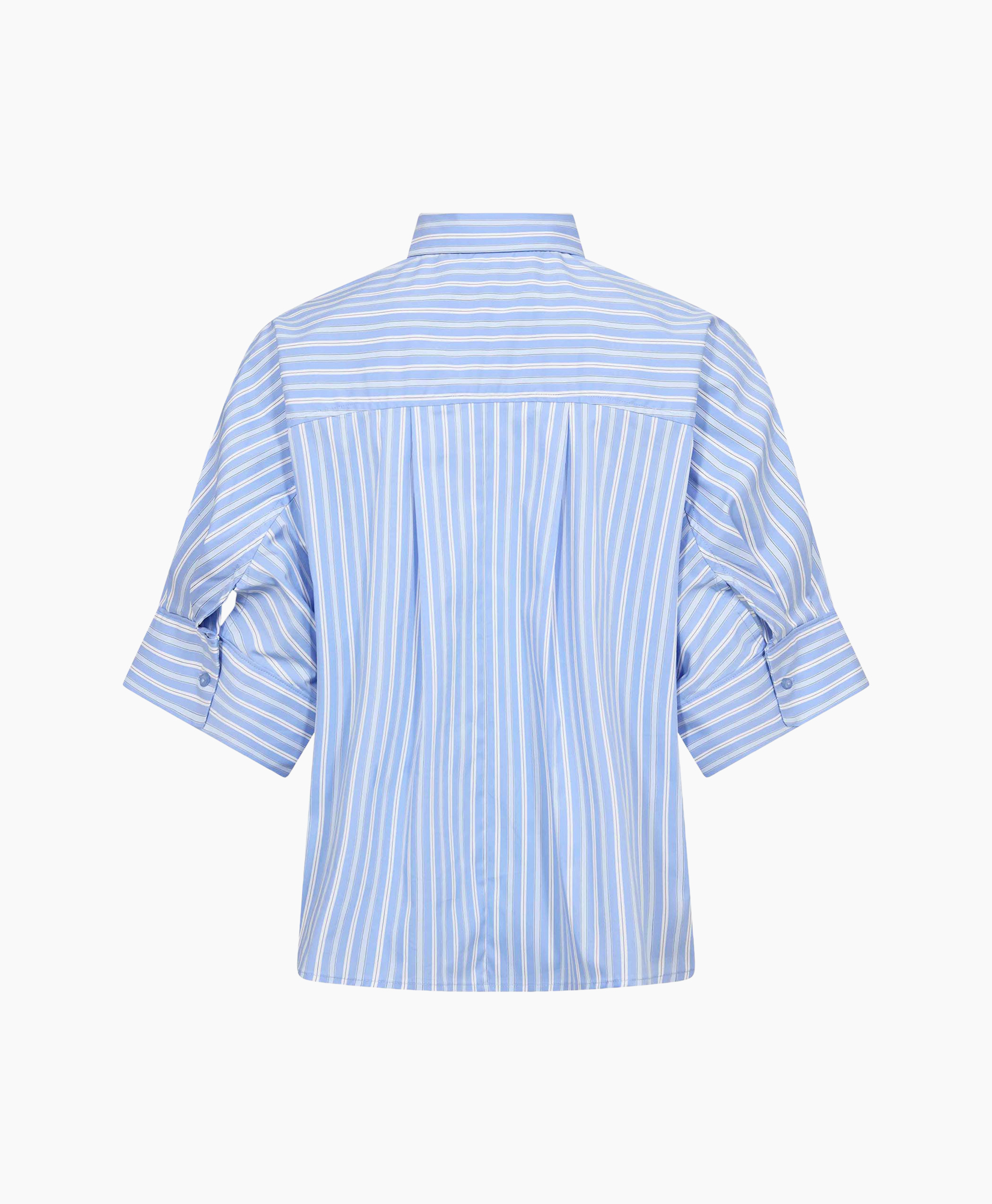 striped shirt, blue shirt, collared shirt, short sleeve, vertical stripes