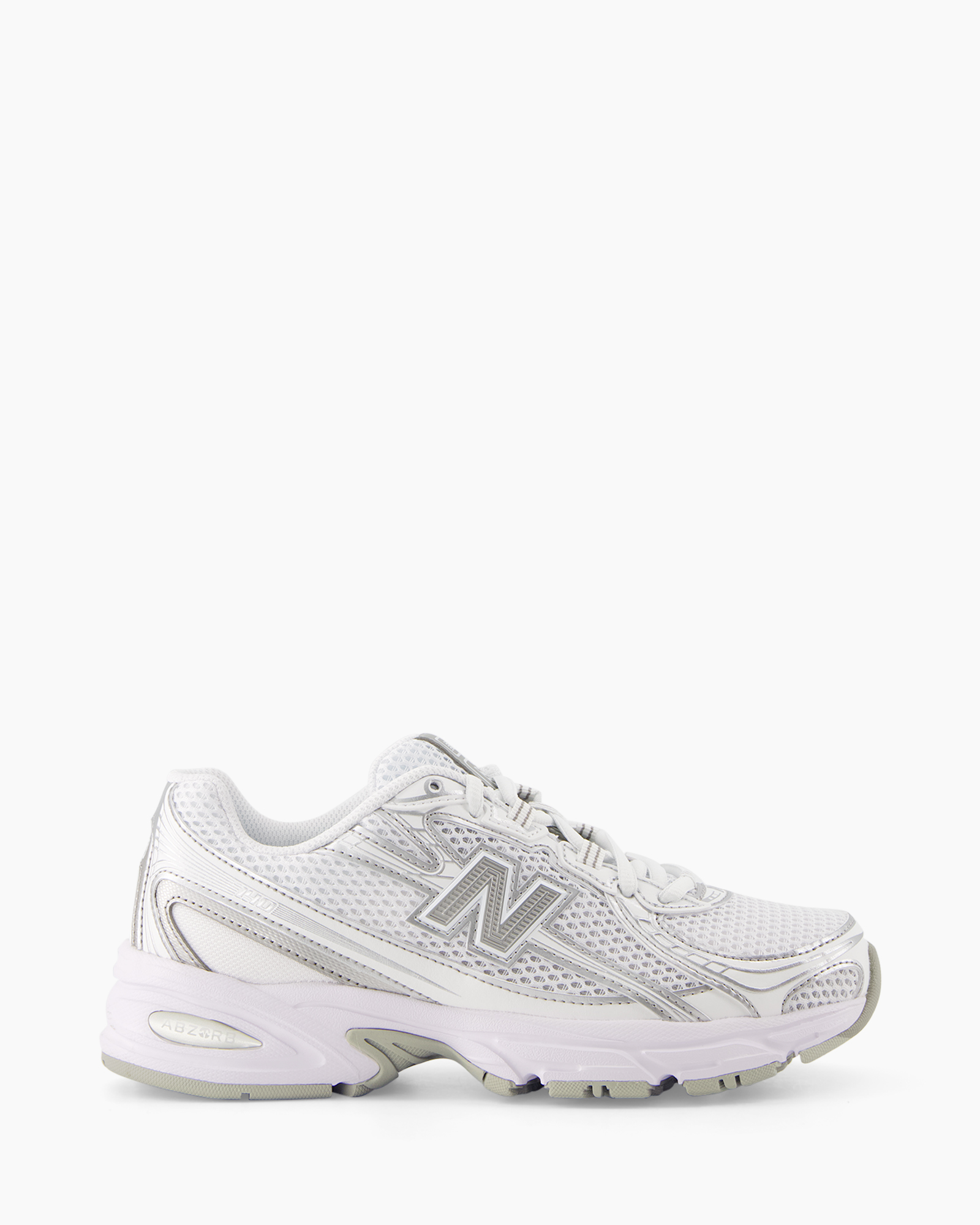 sneaker, athletic shoe, mesh upper, white, neutral gray sole