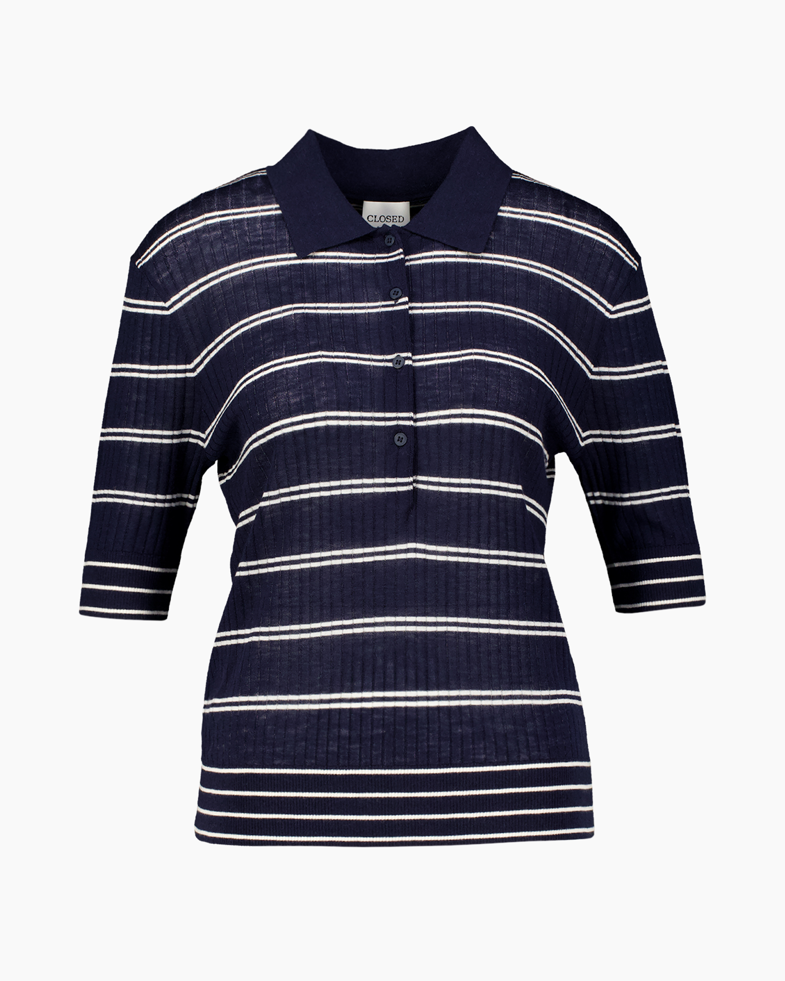 polo shirt, striped pattern, navy color, short sleeve, knit fabric