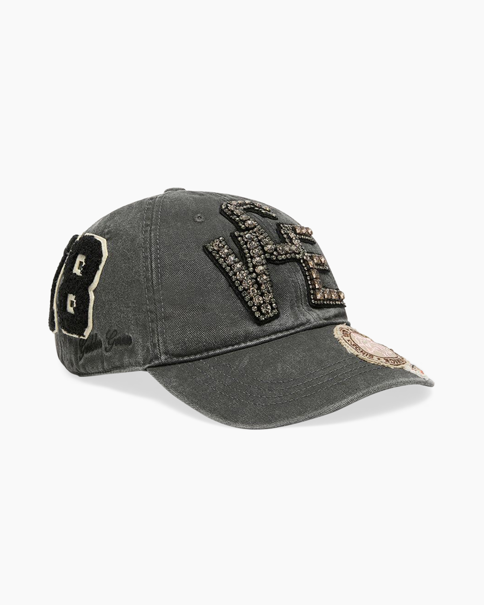 baseball cap, denim cap, embellished, crystal accents, gray