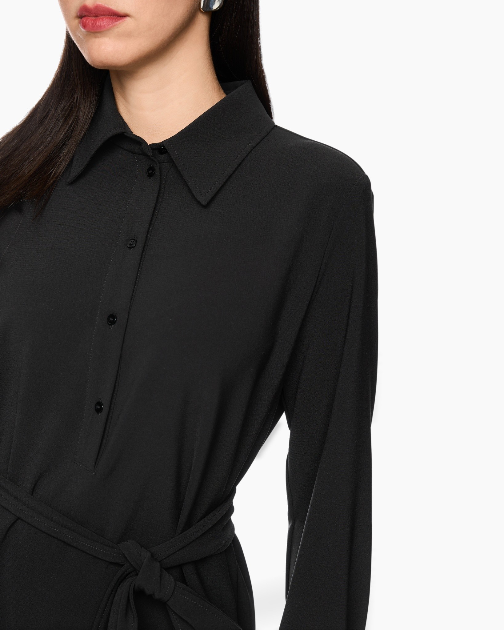 black, shirt, collared, long-sleeve, waist-tie