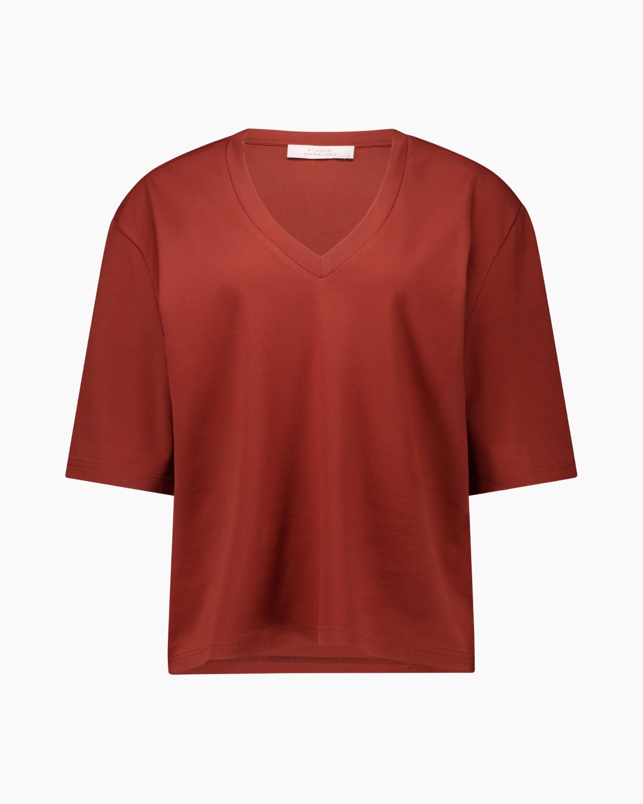 t-shirt, V-neck, short sleeve, rust, solid color