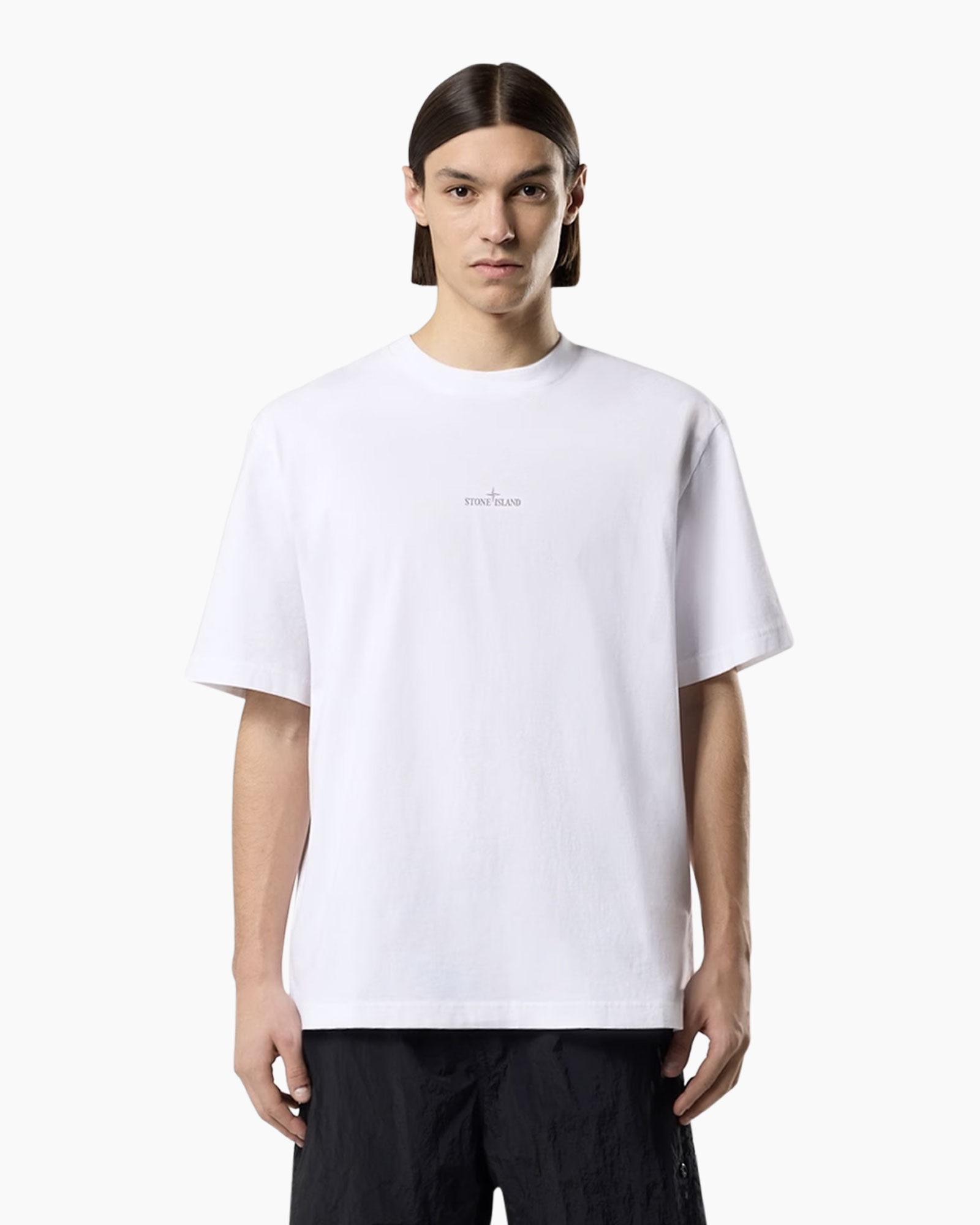 t-shirt, white, short-sleeve, crew-neck, logo small