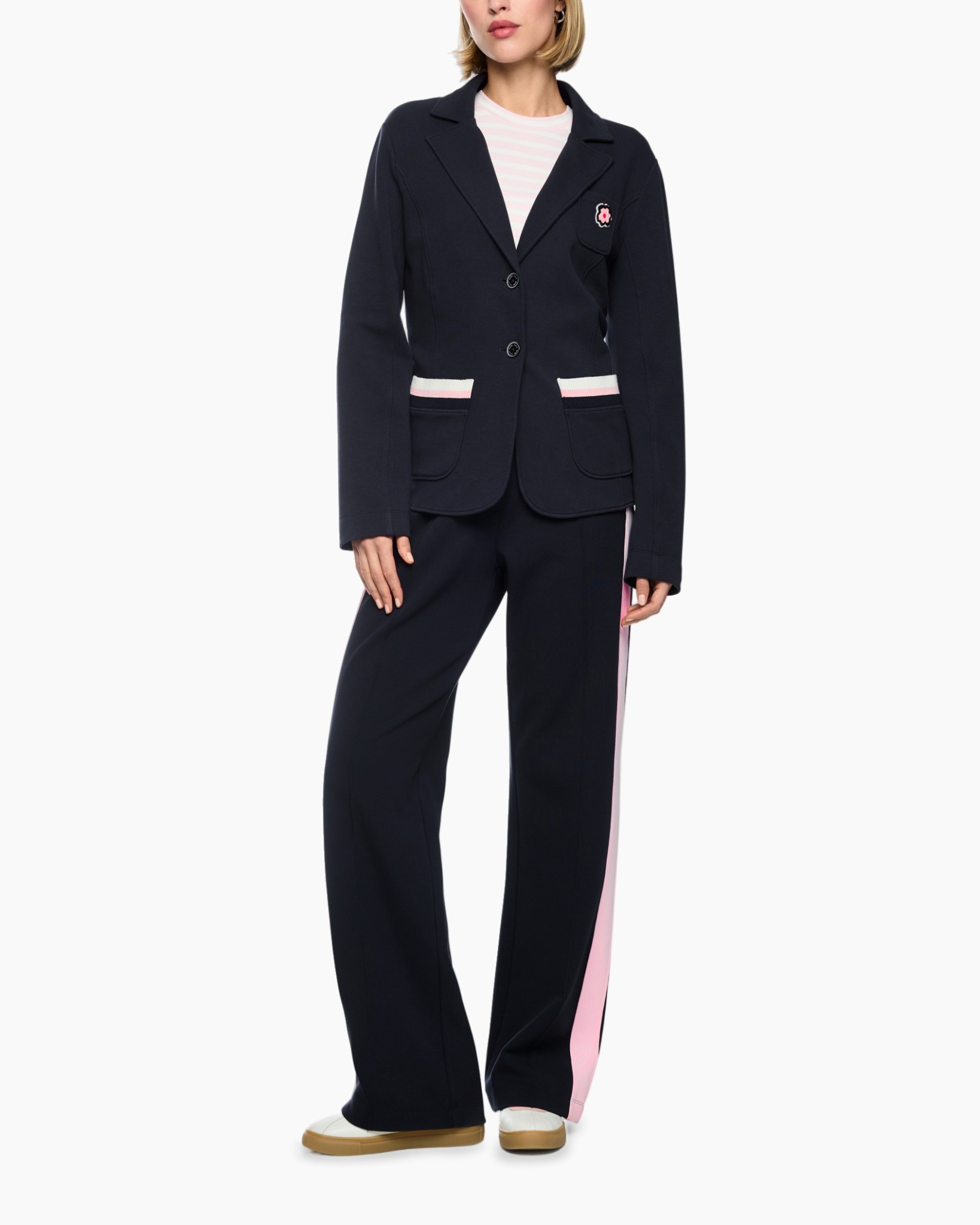 blazer, jacket, navy, pockets, pink stripe