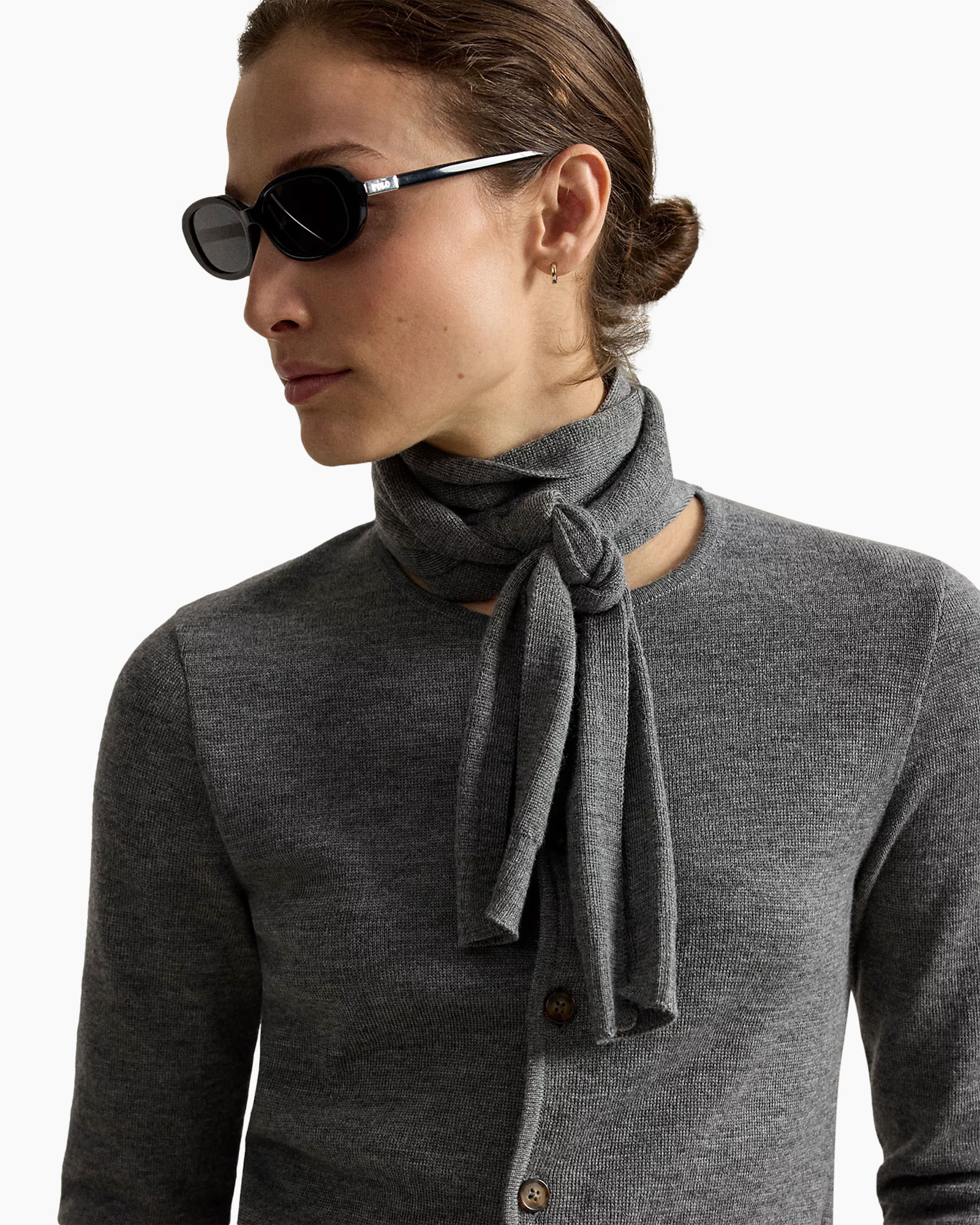 sunglasses, scarf, knit sweater, cardigan, gray