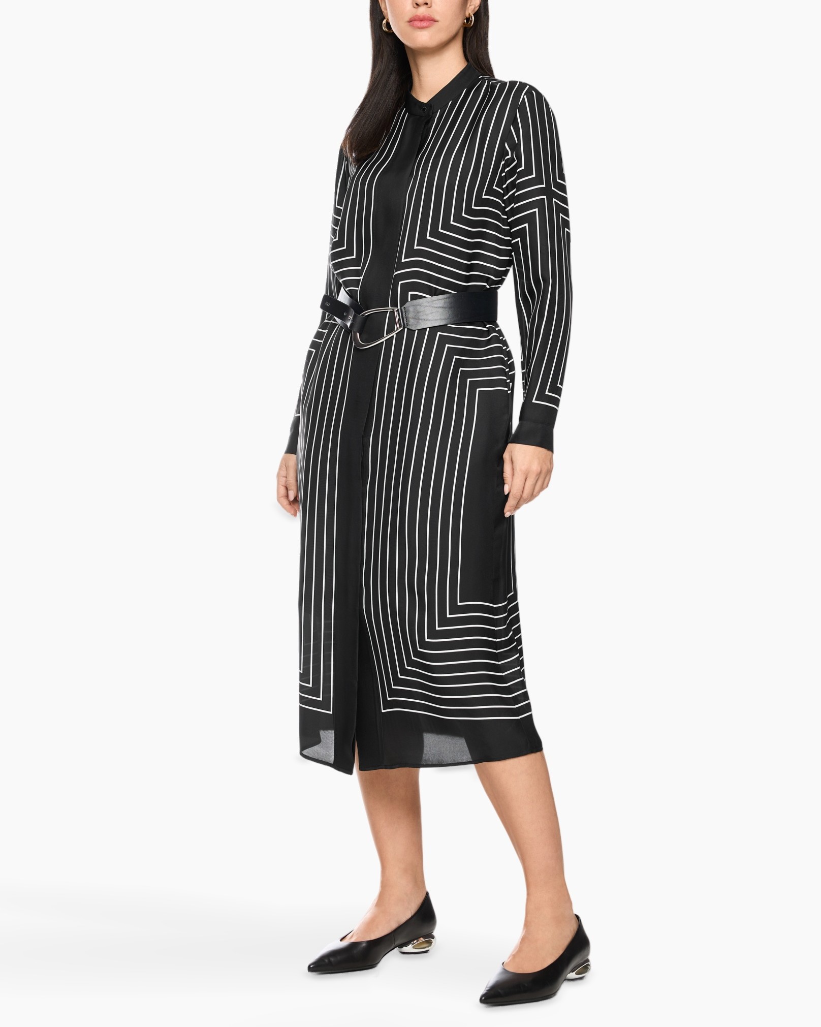 dress, long-sleeve, black, geometric-pattern, belted