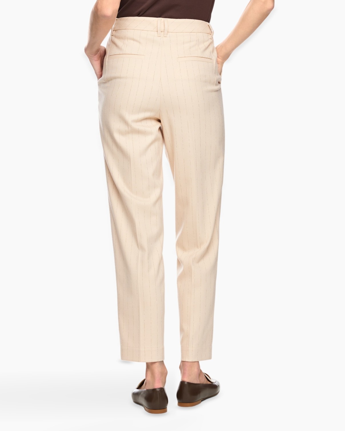 beige pants, pinstripes, tailored fit, back pockets, ankle length