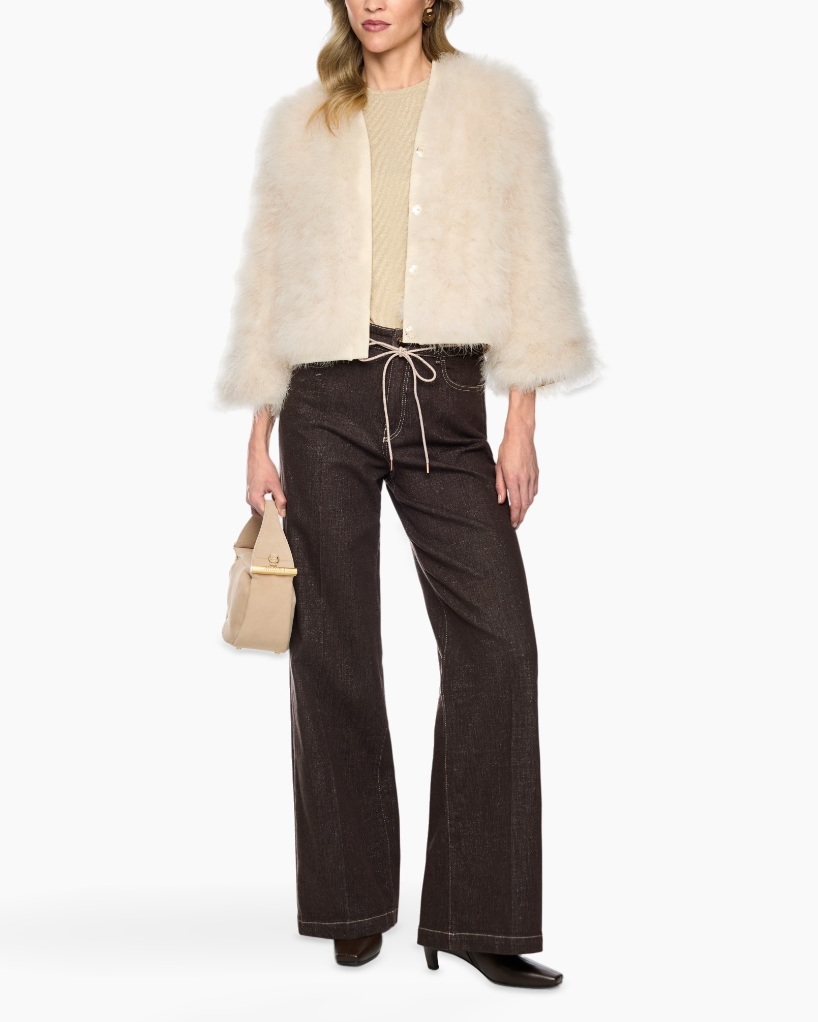 fur jacket, cream cardigan, wide-leg pants, beige top, handbag
