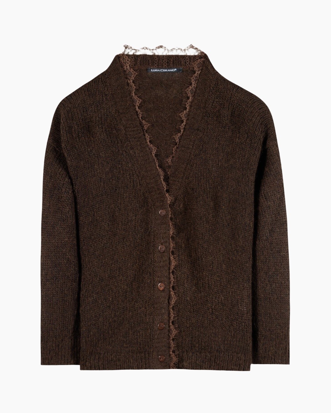 cardigan, brown, knit, lace trim, buttoned