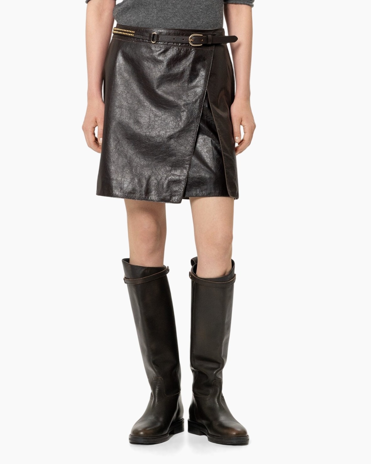 skirt, leather, wrap, asymmetrical, knee-high boots