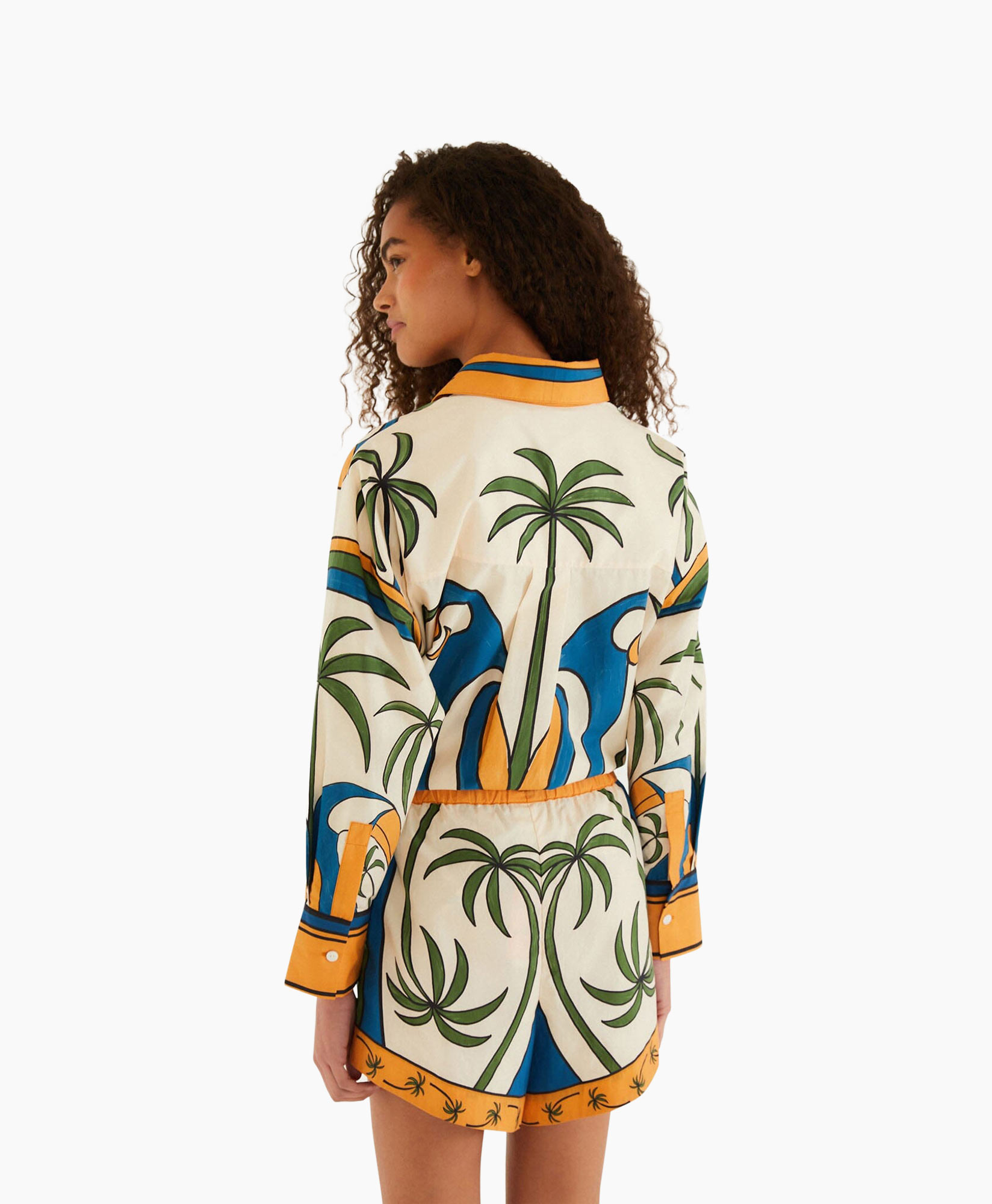 palm tree, patterned shirt, shorts set, beachwear, silk-like fabric