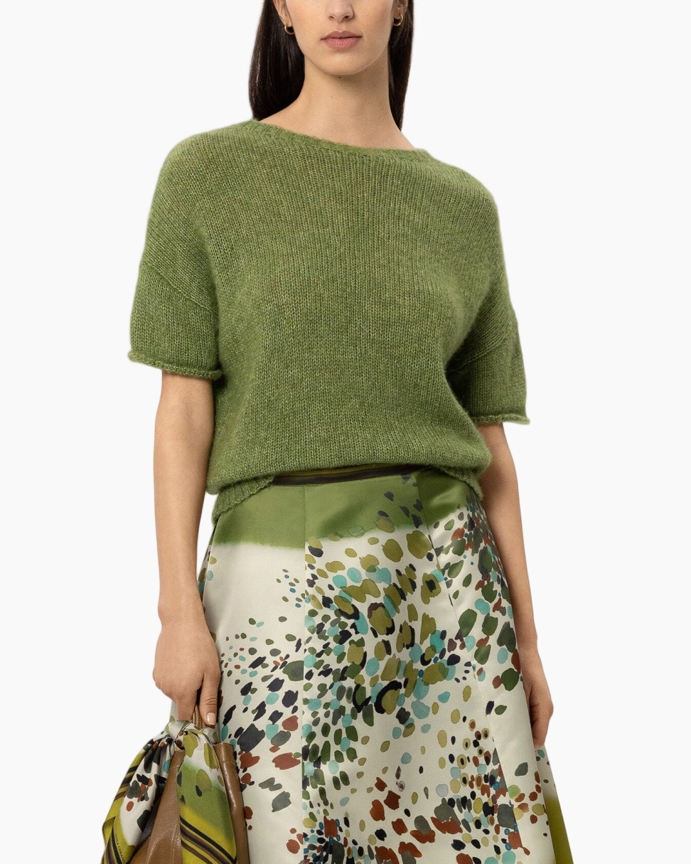 green knit sweater, short sleeve, crew neck, loose fit, textured knit