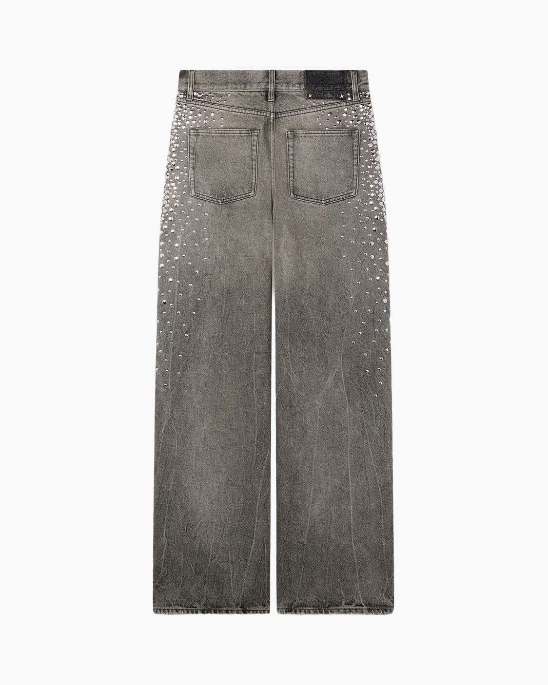 jeans, wide leg, distressed, studs, back pockets