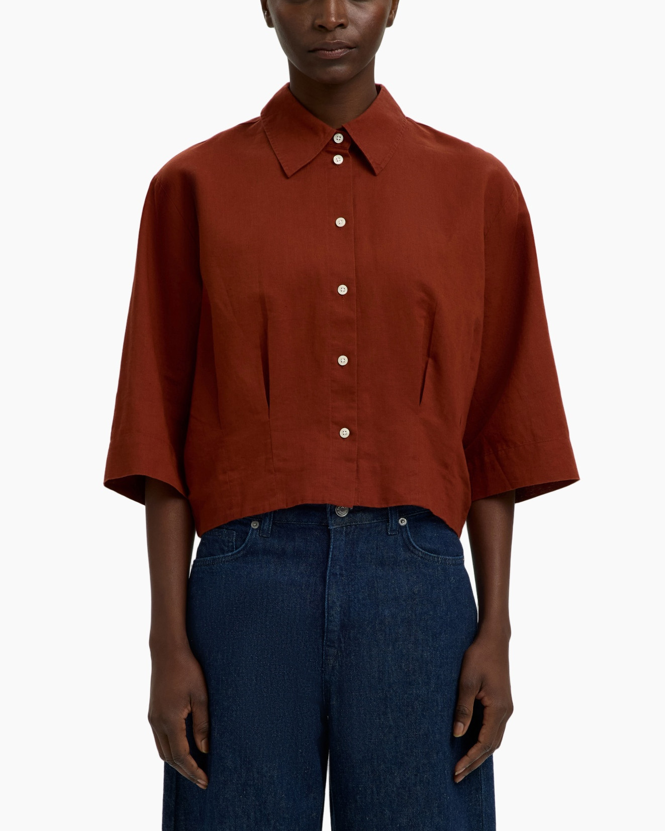 blouse, linen, rust, button-down, cropped