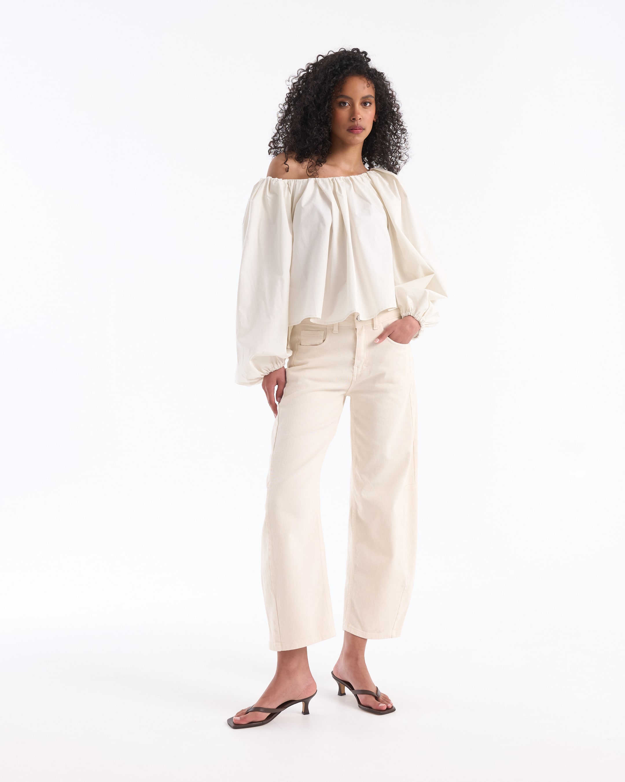 off-shoulder, blouse, cream, long-sleeve, ruffled