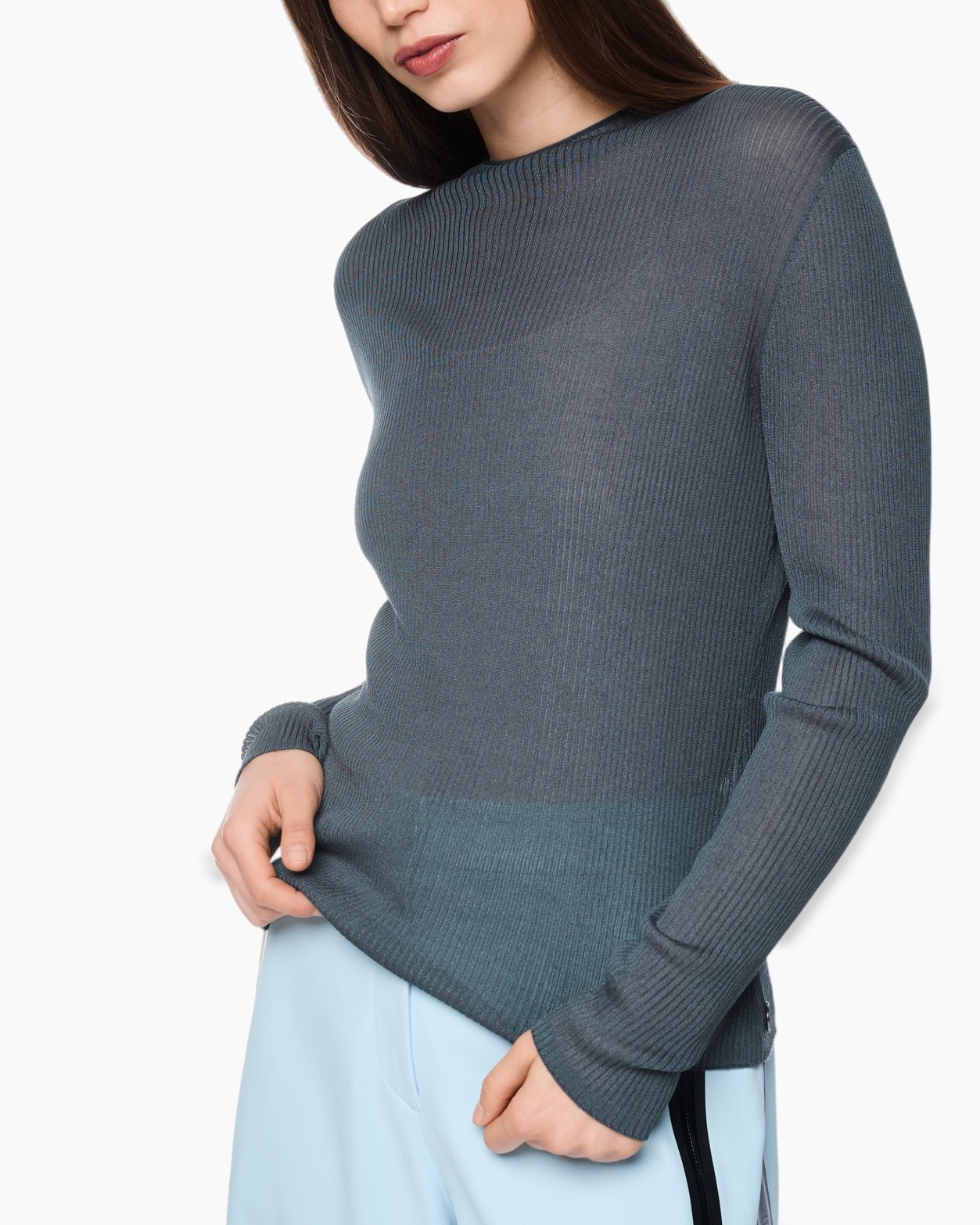 knit sweater, long sleeve, crew neck, slim fit, blue-gray