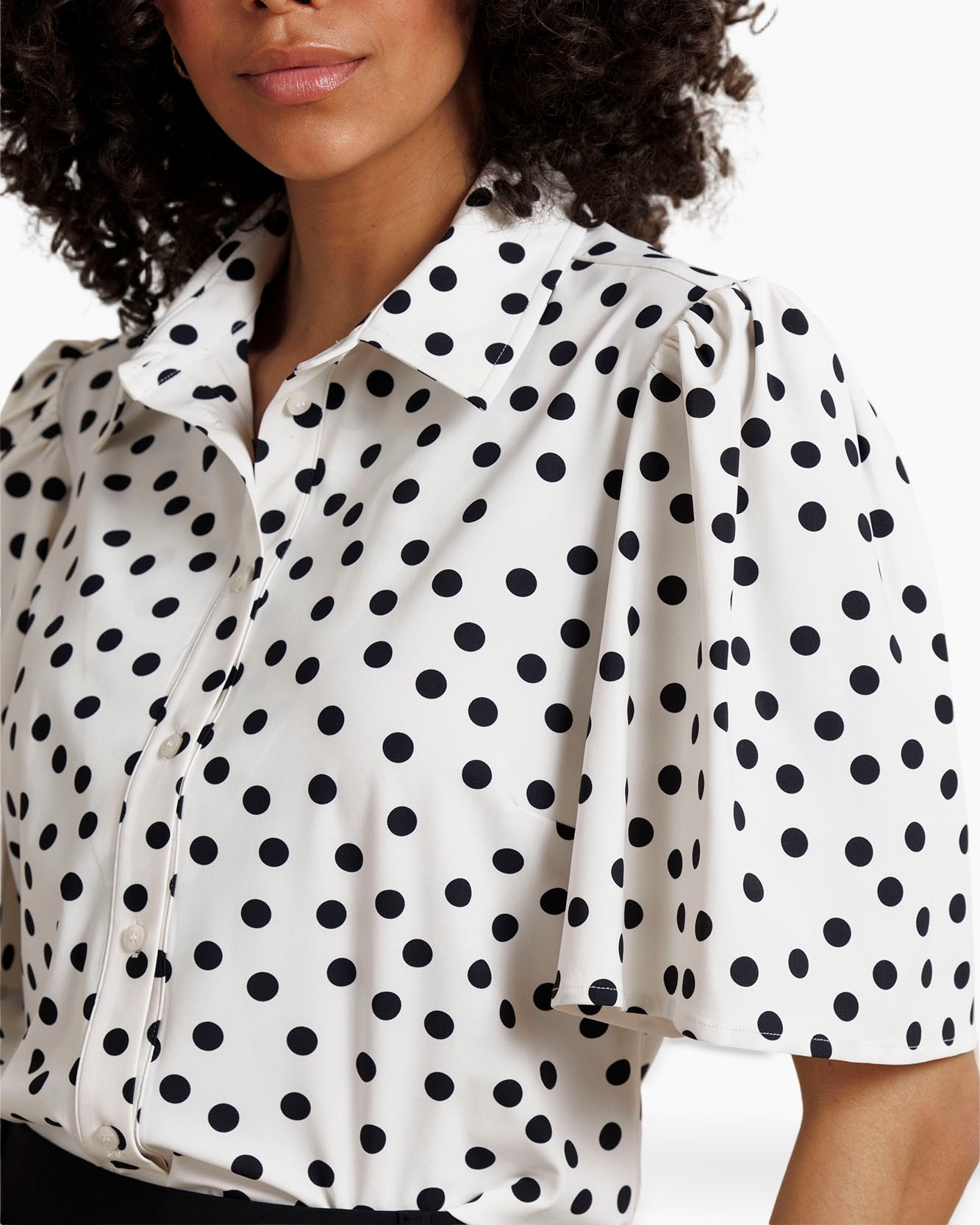 polka dot, blouse, white, short sleeve, collared shirt