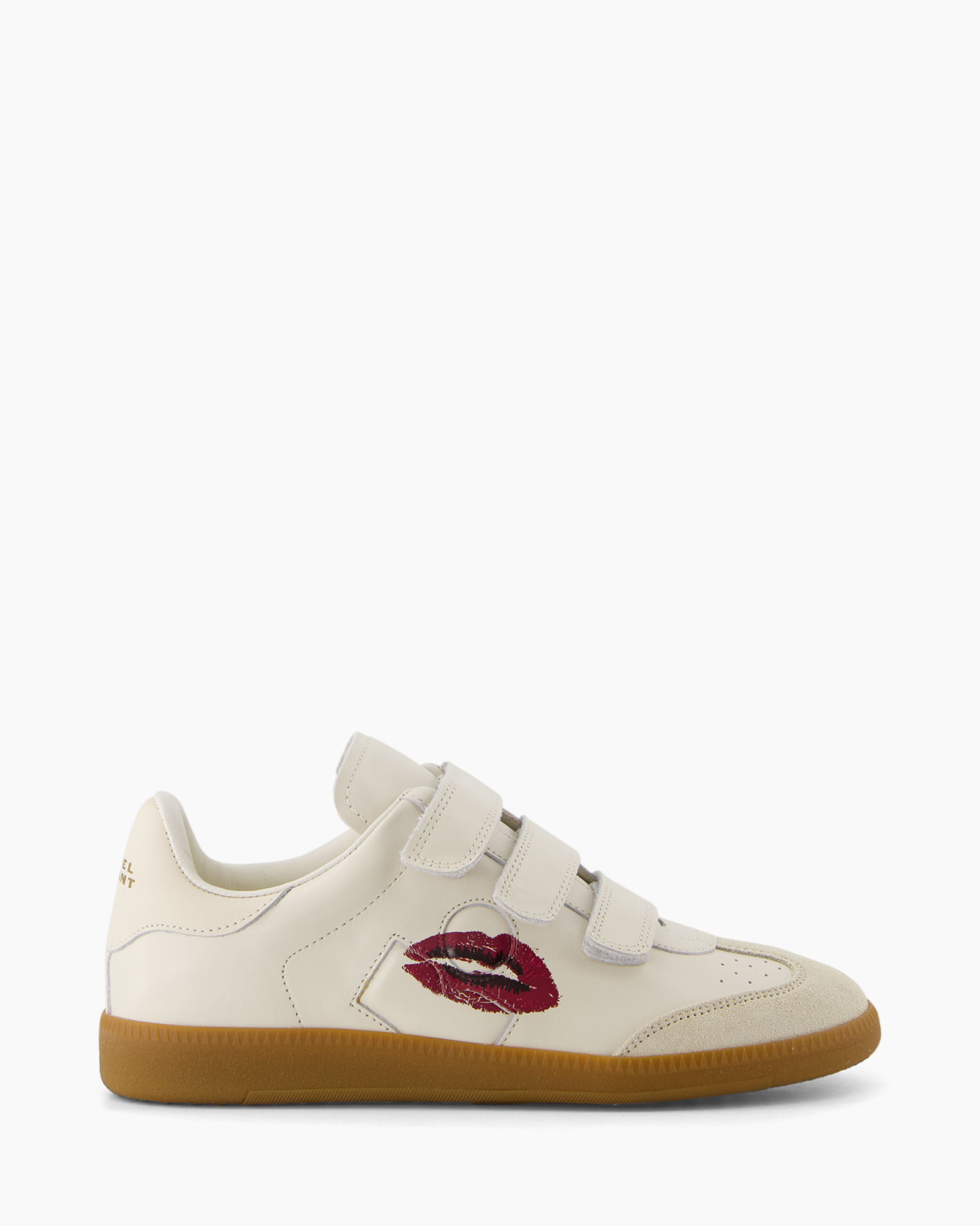 sneaker, white, velcro, gum sole, lip print