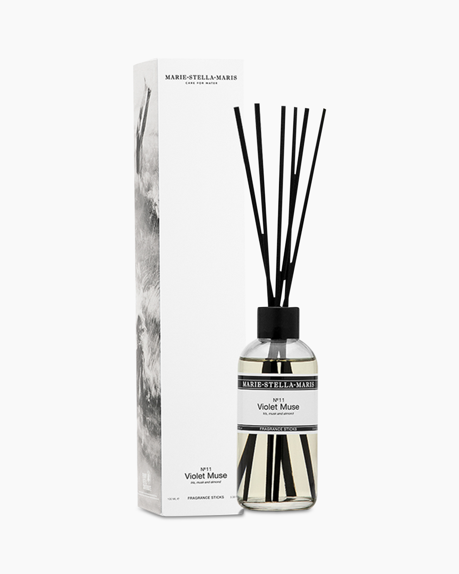 reed diffuser, fragrance sticks, violet muse, glass bottle, black reeds