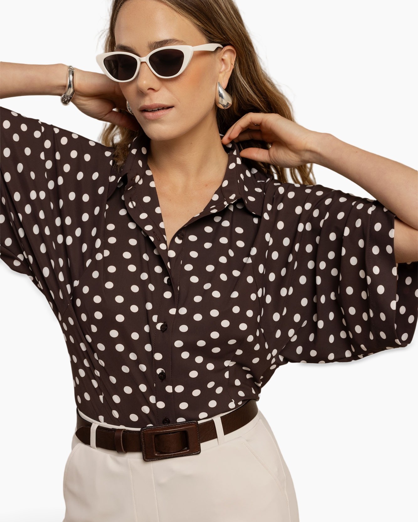 polka dot, blouse, short sleeves, collared, brown