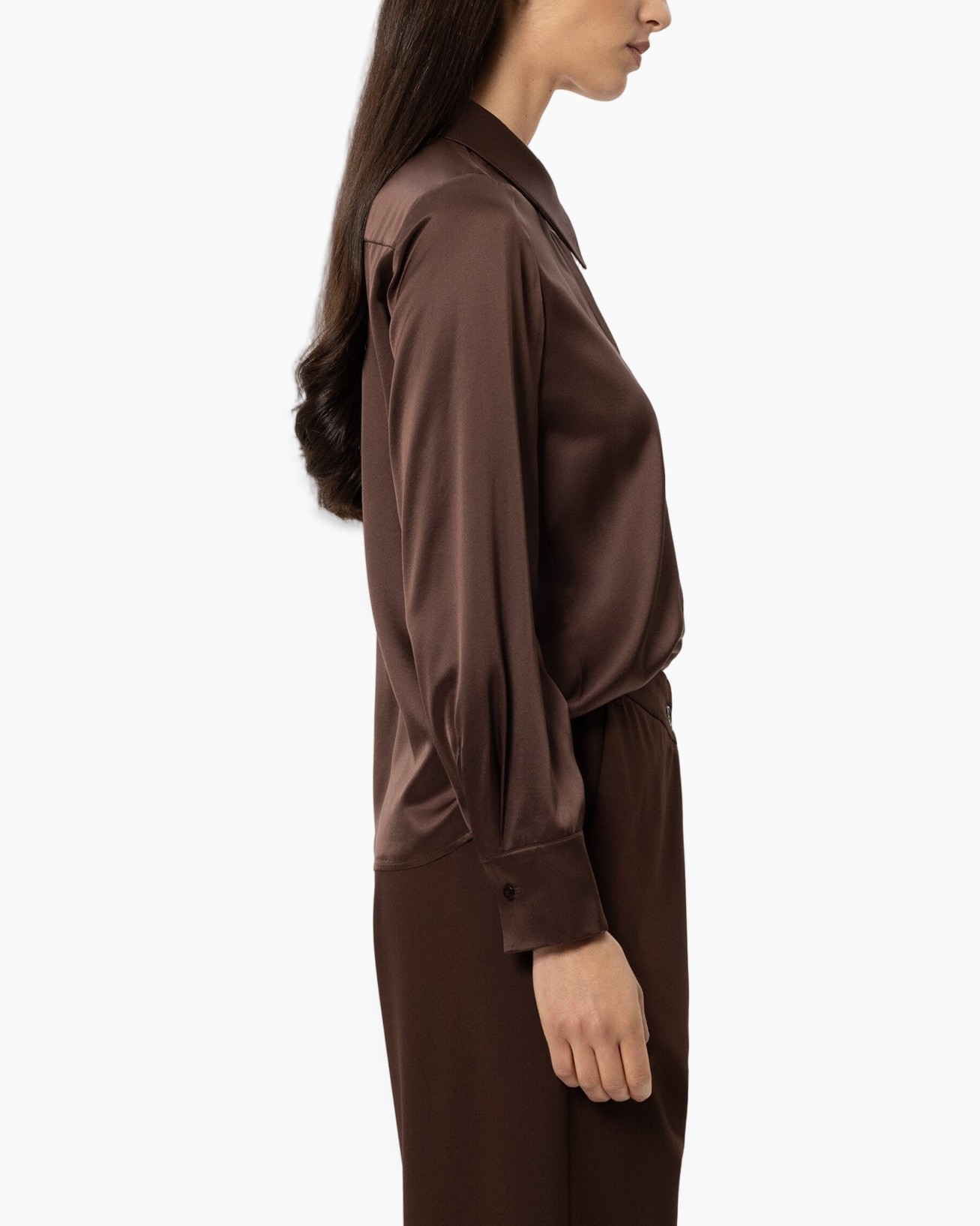 silk blouse, brown, long sleeves, collared, buttoned