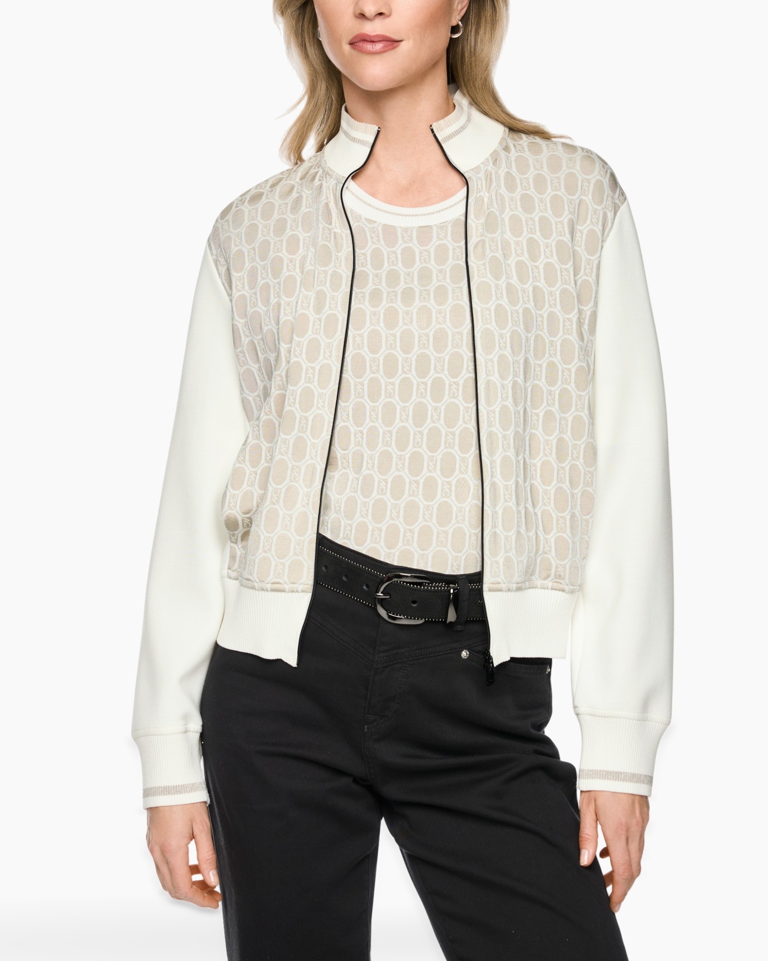 cardigan, lace pattern, cream white, long sleeves, black belt