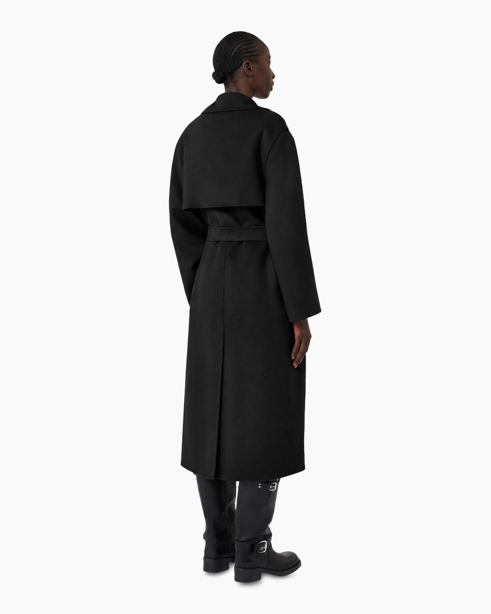 coat, trench, long, black, belted