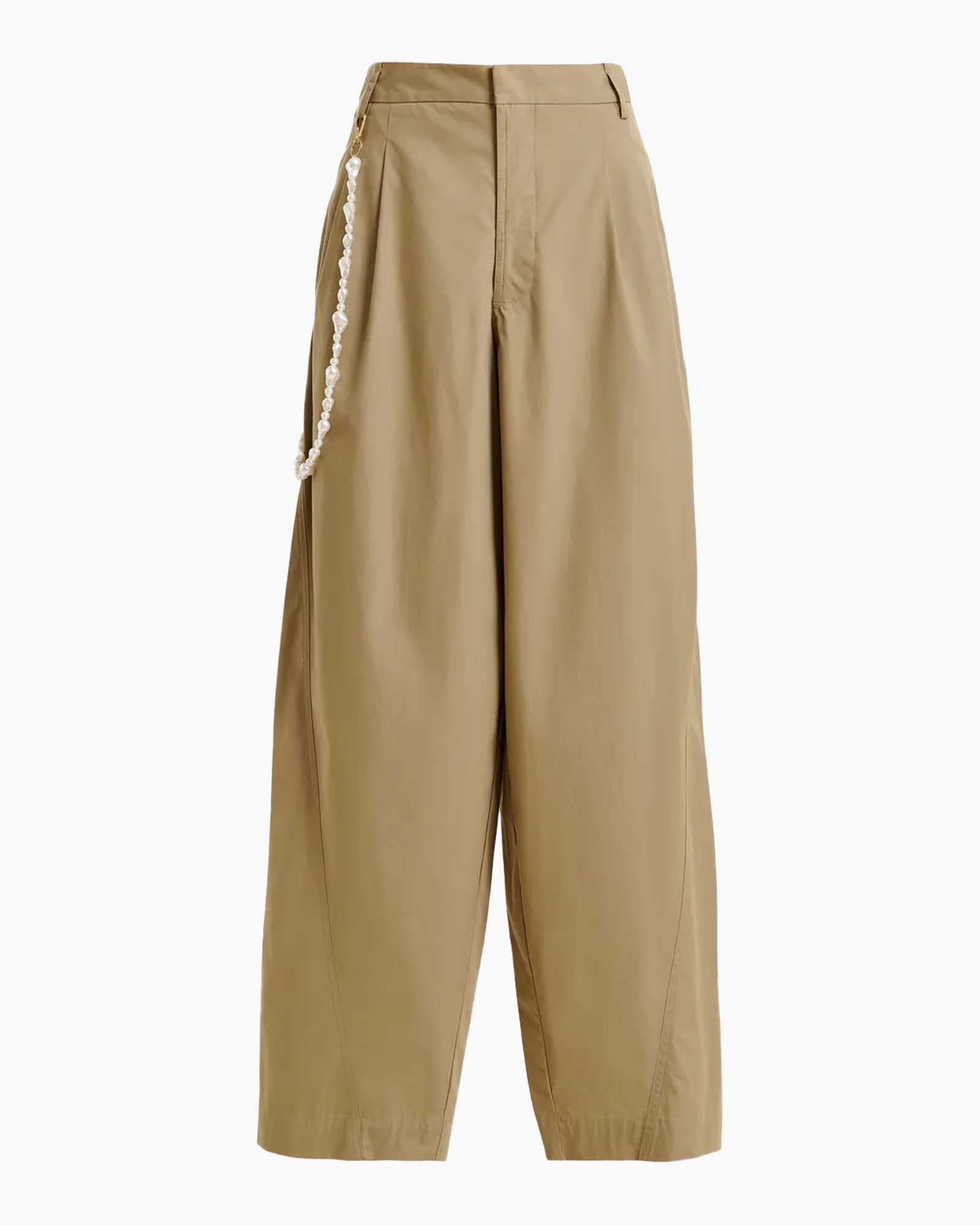pants, wide-leg, camel, knee-length, belted, chain-accessory