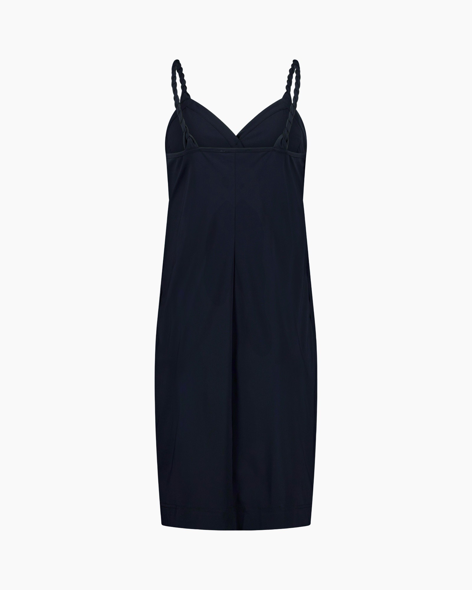 navy dress, sleeveless, built-in bra, twisted straps, A-line